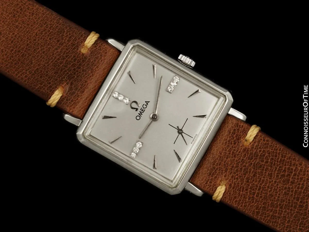 1958 Omega Vintage Mens Handwound Dress Watch - 14K White Gold with Diamonds