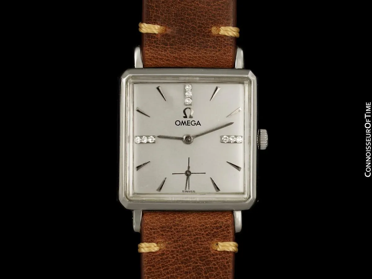 1958 Omega Vintage Mens Handwound Dress Watch - 14K White Gold with Diamonds