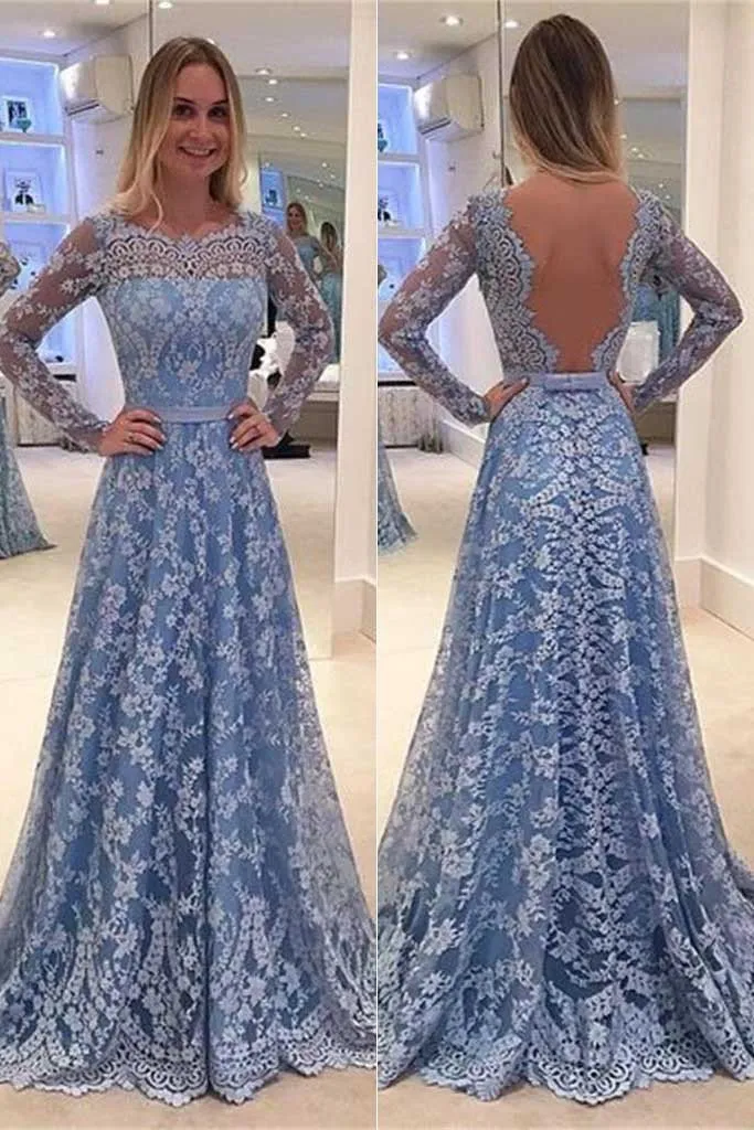 A-line Long Sleeves Lace Long Prom Dresses,Formal Dresses, Cocktail Evening Dresses, MP116