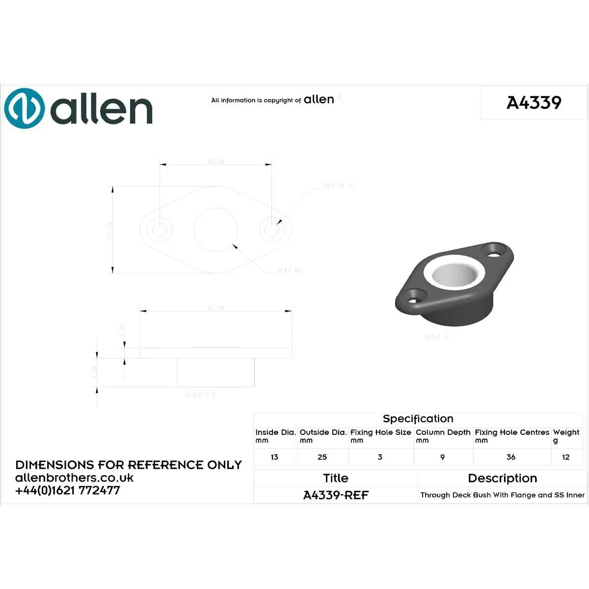 Allen 13mm Through Deck Bush with Stainless Steel Inner - Grey