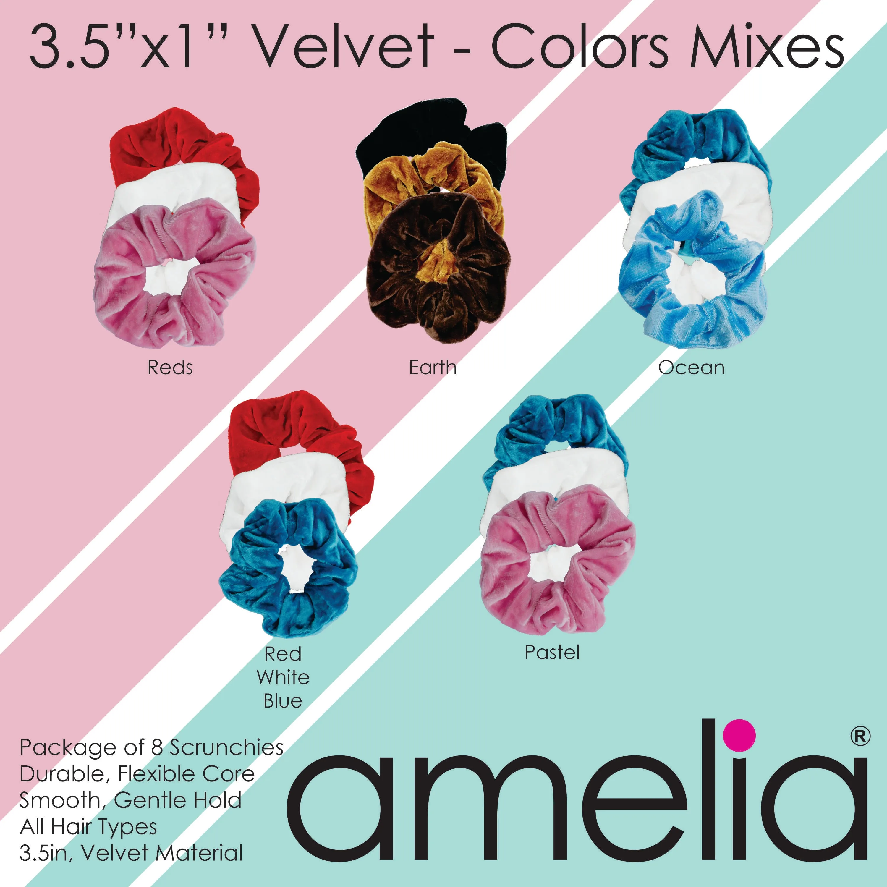 Amelia Beauty, Black Velvet Scrunchies, 3.5in Diameter, Gentle on Hair, Strong Hold, No Snag, No Dents or Creases. 8 Pack