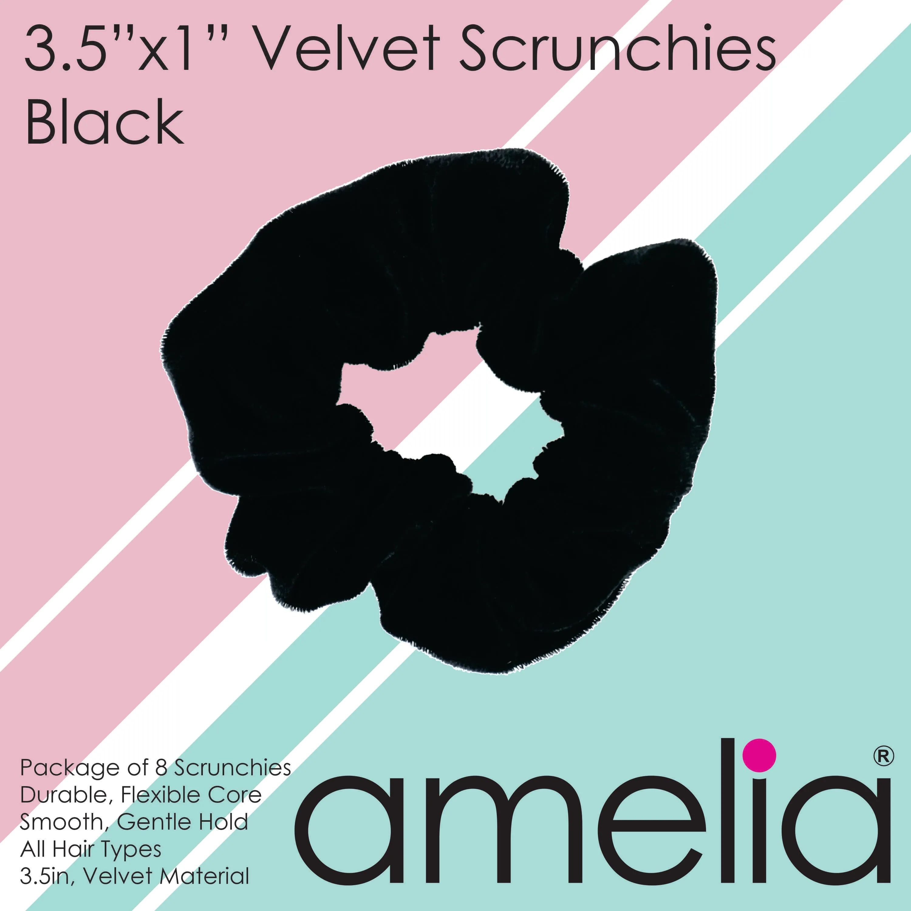 Amelia Beauty, Black Velvet Scrunchies, 3.5in Diameter, Gentle on Hair, Strong Hold, No Snag, No Dents or Creases. 8 Pack