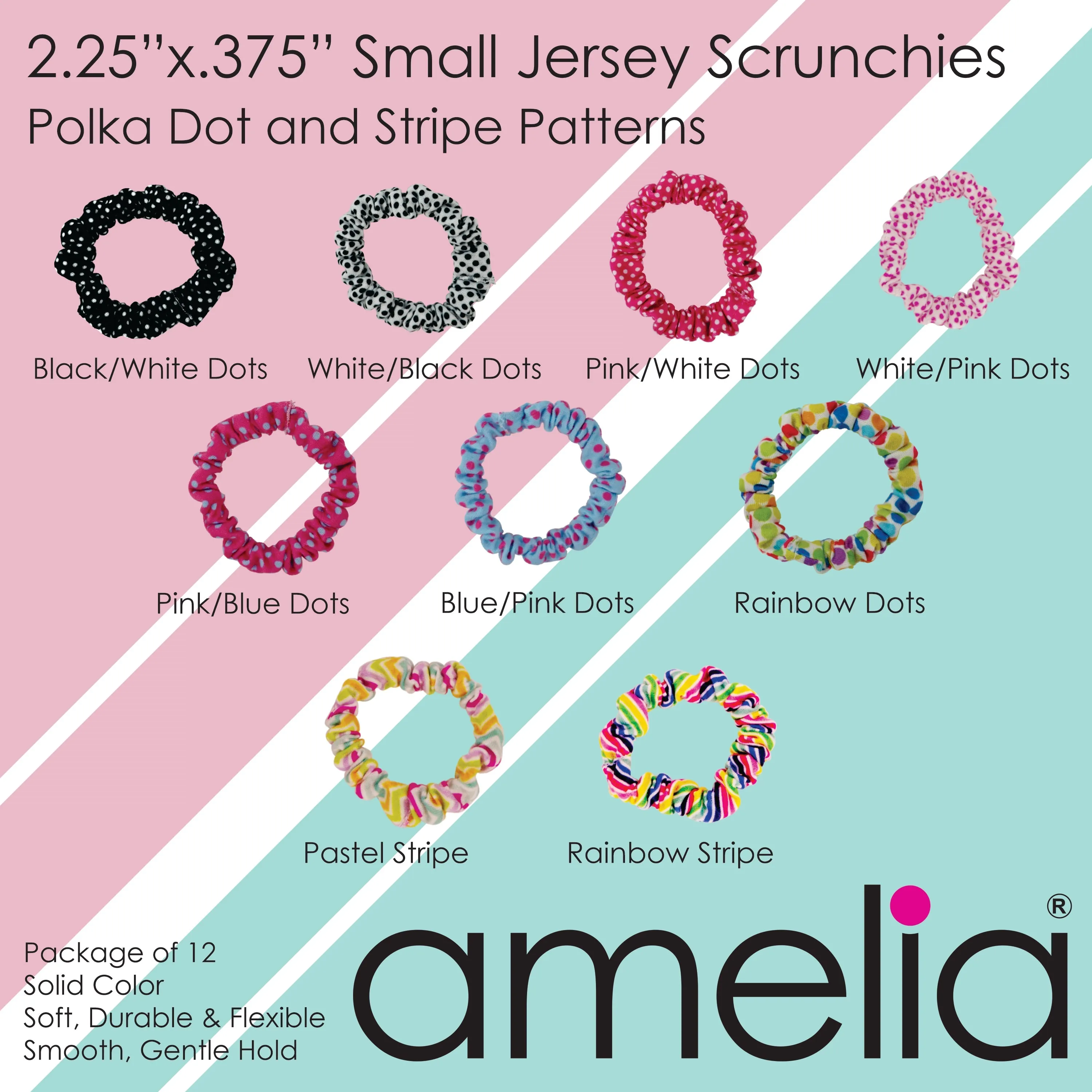 Amelia Beauty, Black/White Polka Dot Jersey Scrunchies, 2.25in Diameter, Gentle on Hair, Strong Hold, No Snag, No Dents or Creases. 12 Pack