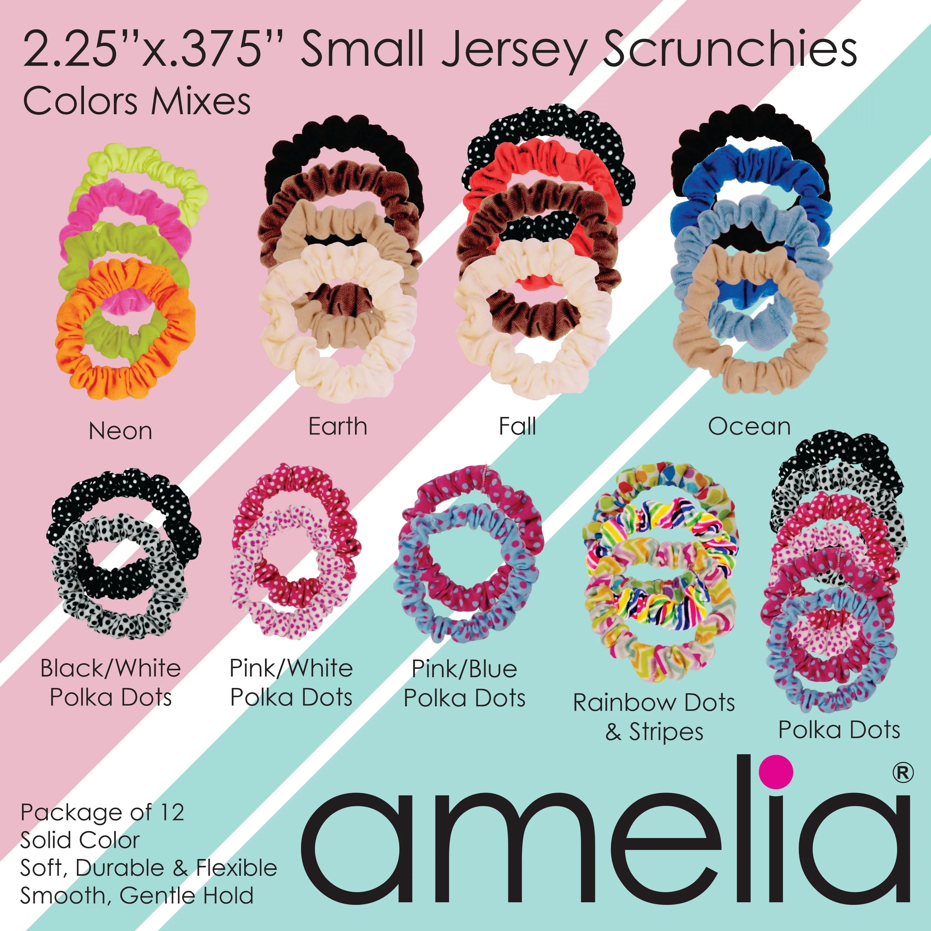 Amelia Beauty, Black/White Polka Dot Jersey Scrunchies, 2.25in Diameter, Gentle on Hair, Strong Hold, No Snag, No Dents or Creases. 12 Pack