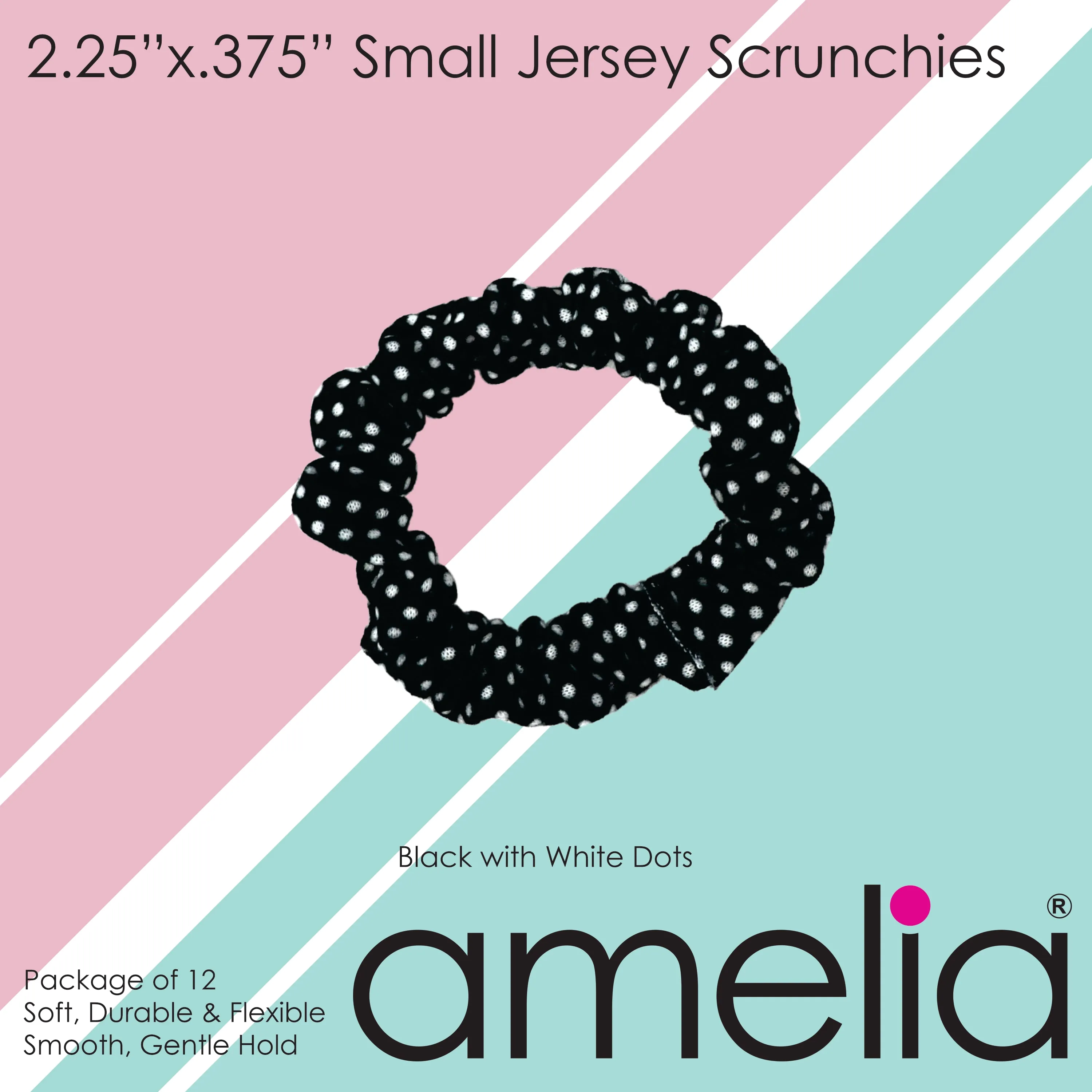 Amelia Beauty, Black/White Polka Dot Jersey Scrunchies, 2.25in Diameter, Gentle on Hair, Strong Hold, No Snag, No Dents or Creases. 12 Pack