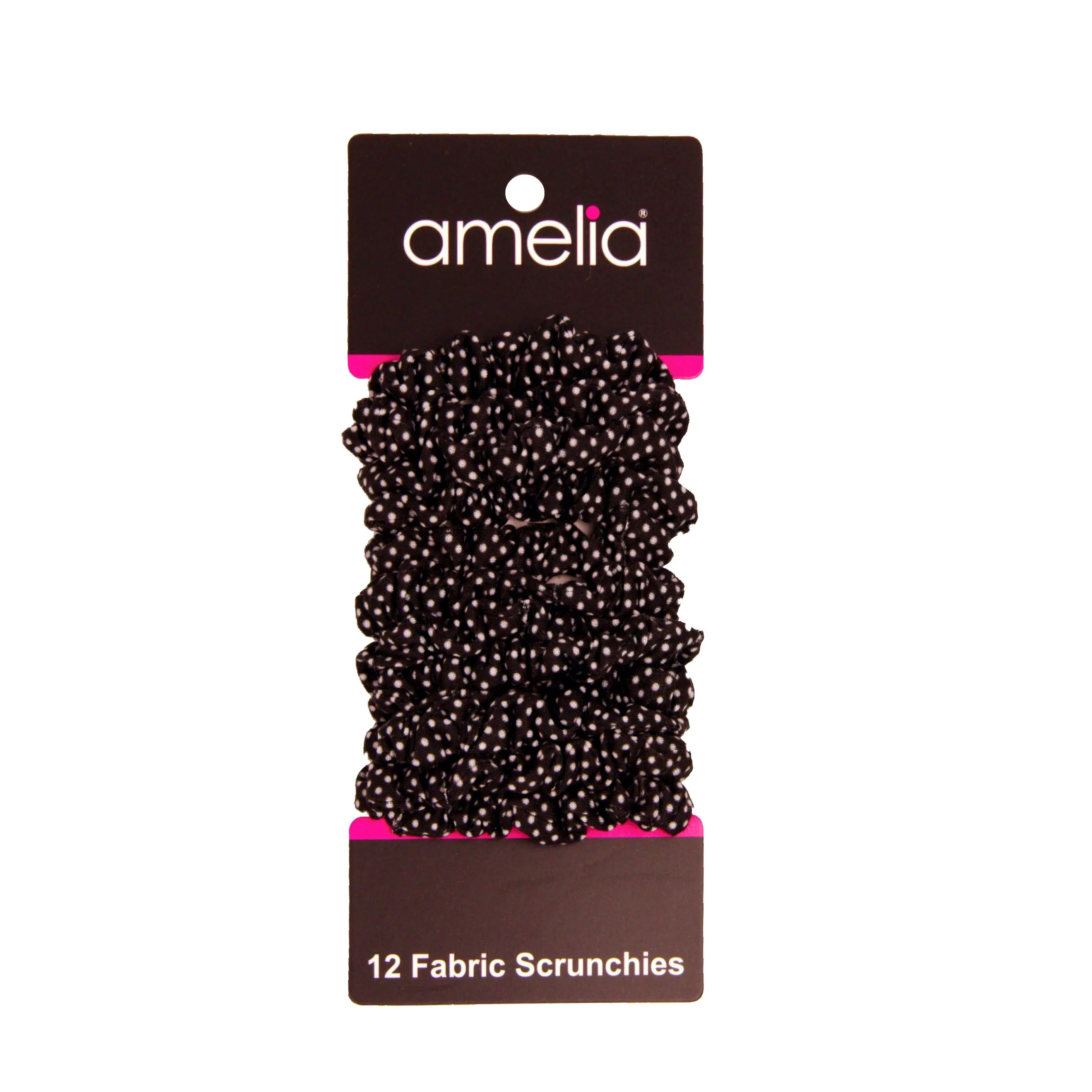 Amelia Beauty, Black/White Polka Dot Jersey Scrunchies, 2.25in Diameter, Gentle on Hair, Strong Hold, No Snag, No Dents or Creases. 12 Pack