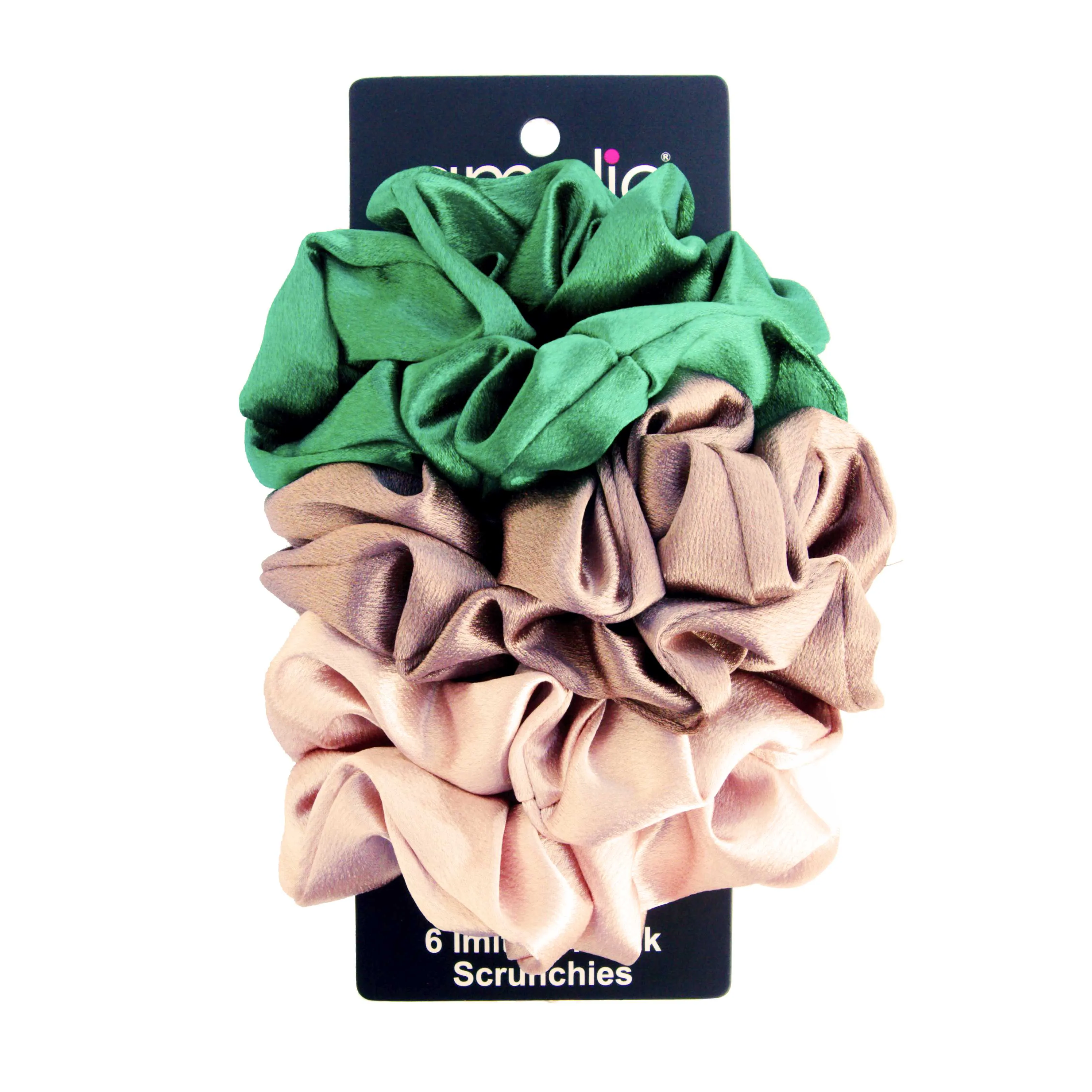 Amelia Beauty, Forest Mix Imitation Silk Scrunchies, 4.5in Diameter, Gentle on Hair, Strong Hold, No Snag, No Dents or Creases. 6 Pack