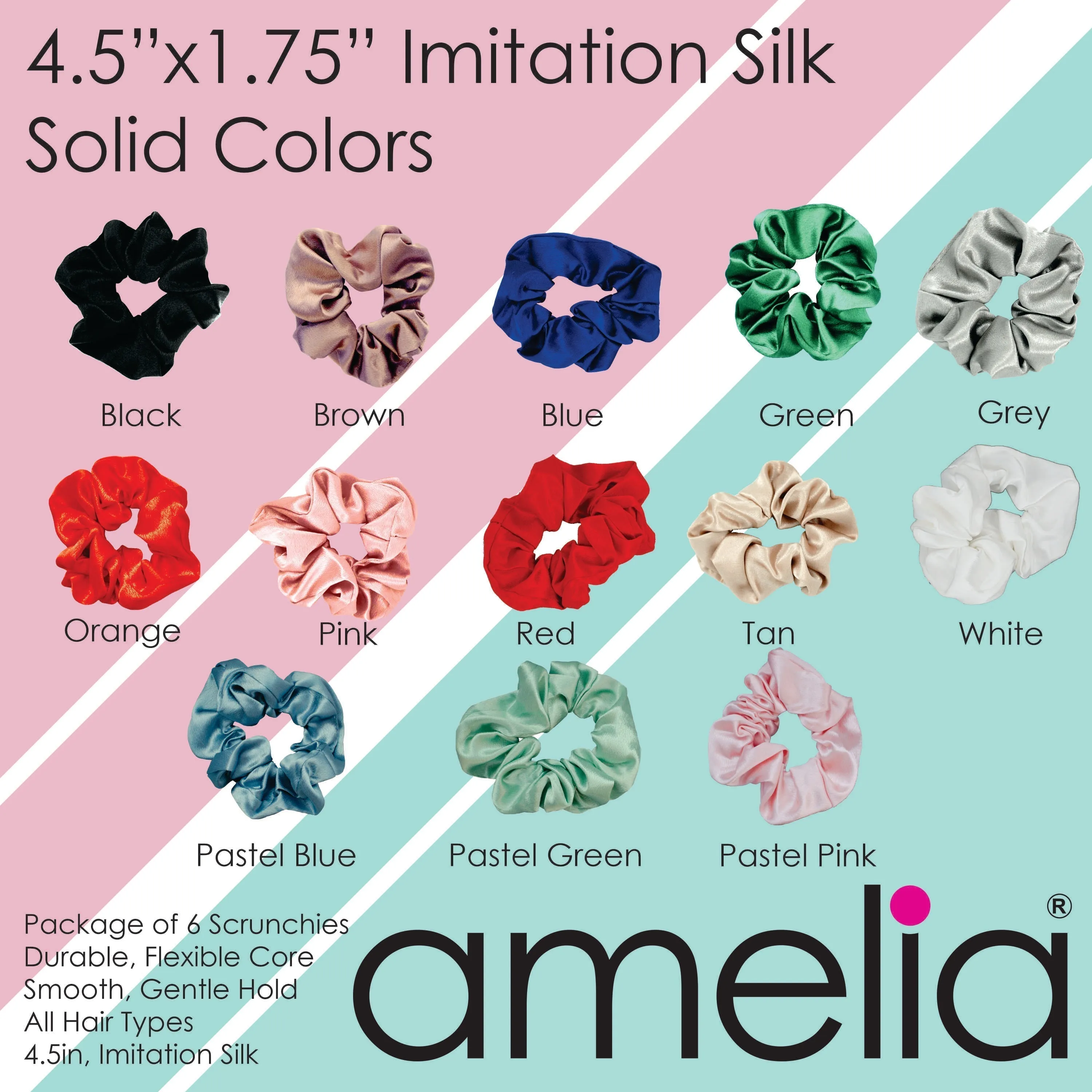 Amelia Beauty, Forest Mix Imitation Silk Scrunchies, 4.5in Diameter, Gentle on Hair, Strong Hold, No Snag, No Dents or Creases. 6 Pack