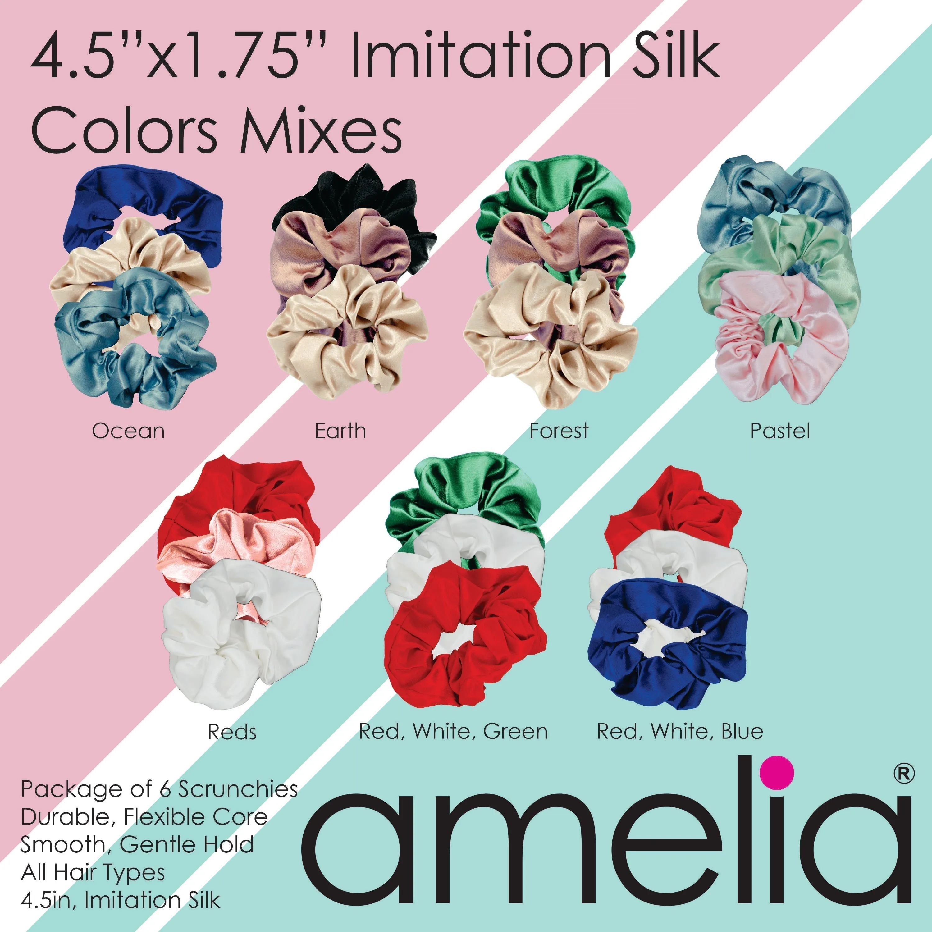 Amelia Beauty, Forest Mix Imitation Silk Scrunchies, 4.5in Diameter, Gentle on Hair, Strong Hold, No Snag, No Dents or Creases. 6 Pack