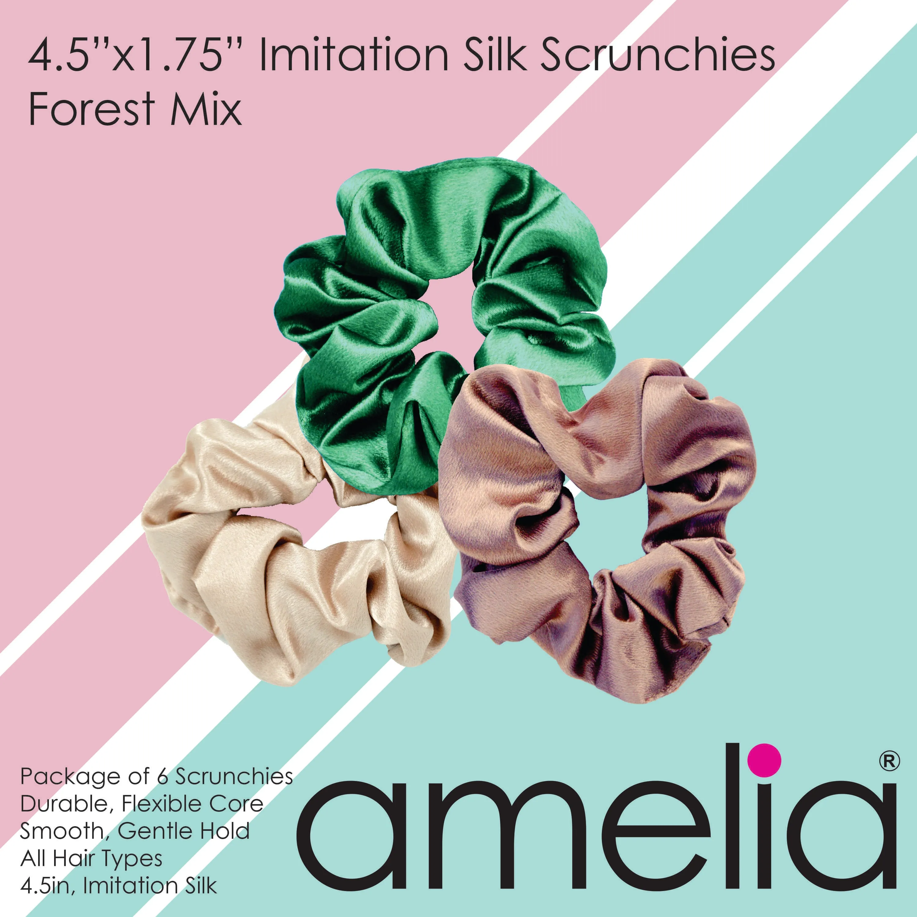 Amelia Beauty, Forest Mix Imitation Silk Scrunchies, 4.5in Diameter, Gentle on Hair, Strong Hold, No Snag, No Dents or Creases. 6 Pack