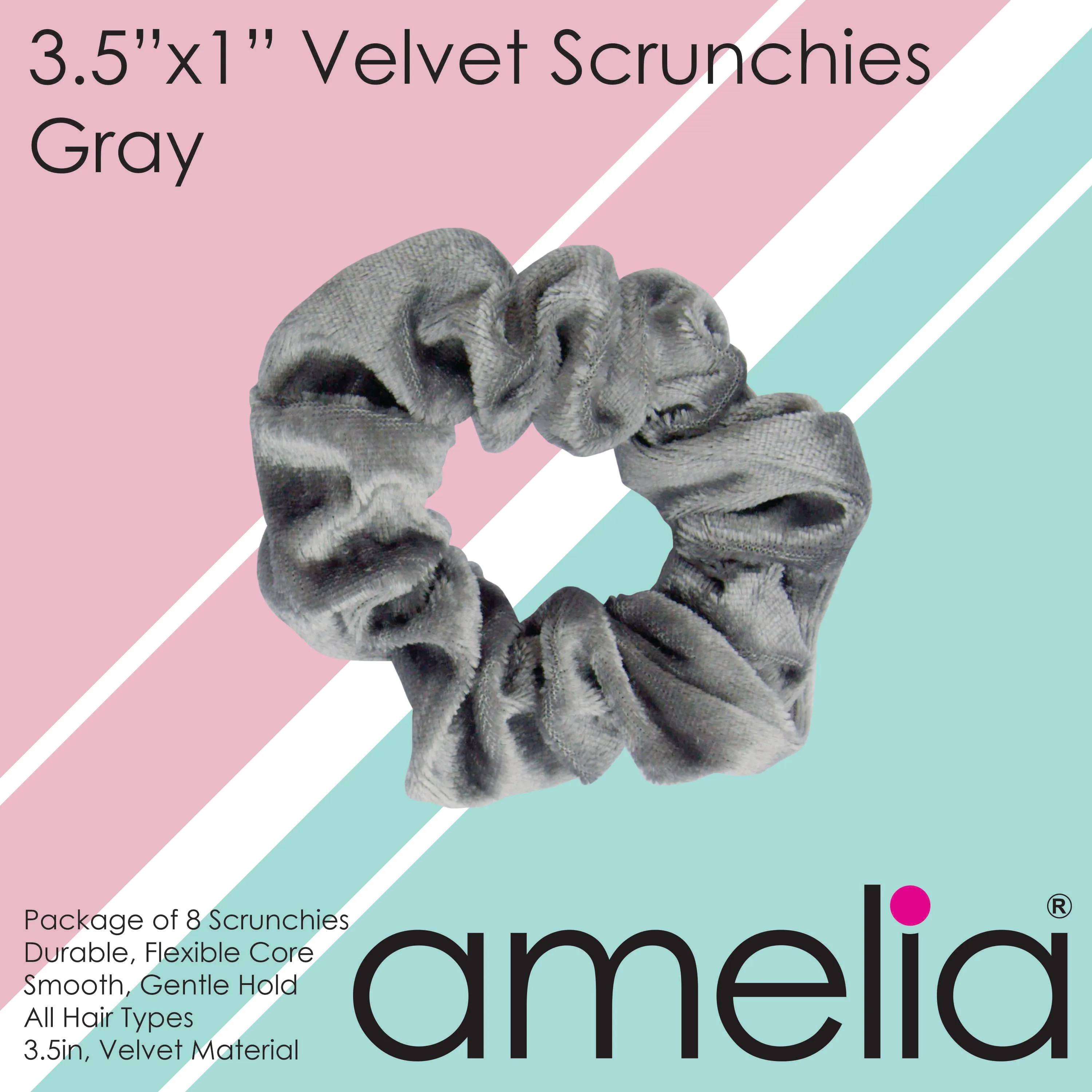 Amelia Beauty, Gray Velvet Scrunchies, 3.5in Diameter, Gentle on Hair, Strong Hold, No Snag, No Dents or Creases. 8 Pack