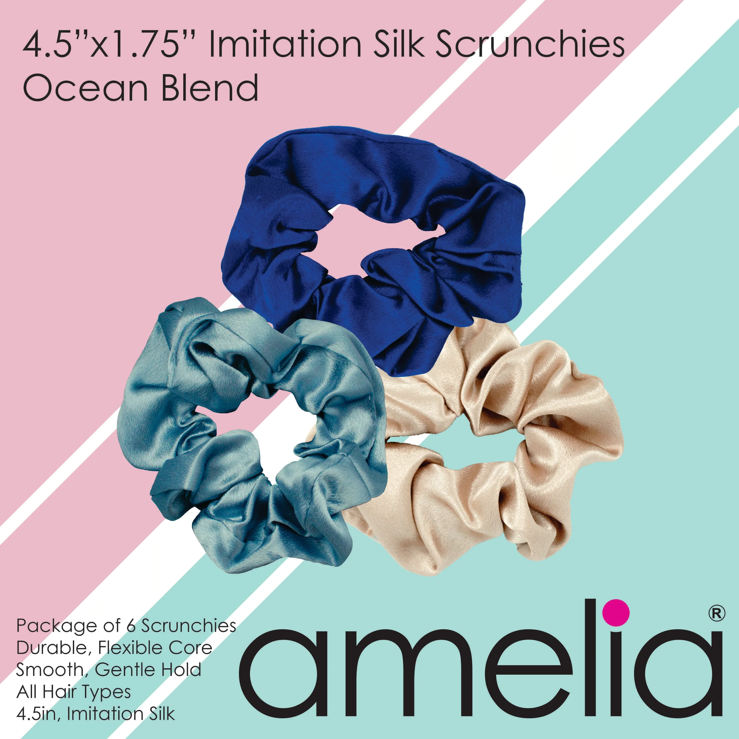 Amelia Beauty, Ocean Mix Imitation Silk Scrunchies, 4.5in Diameter, Gentle on Hair, Strong Hold, No Snag, No Dents or Creases. 6 Pack