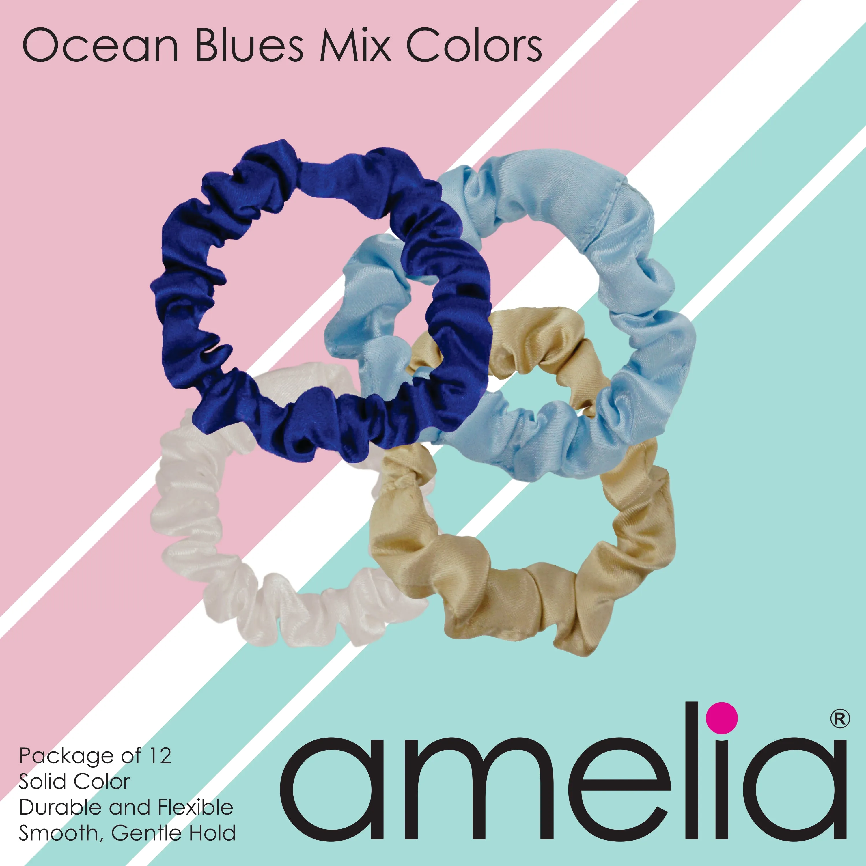 Amelia Beauty, Ocean Mix Satin Scrunchies, 2.25in Diameter, Gentle on Hair, Strong Hold, No Snag, No Dents or Creases. 12 Pack