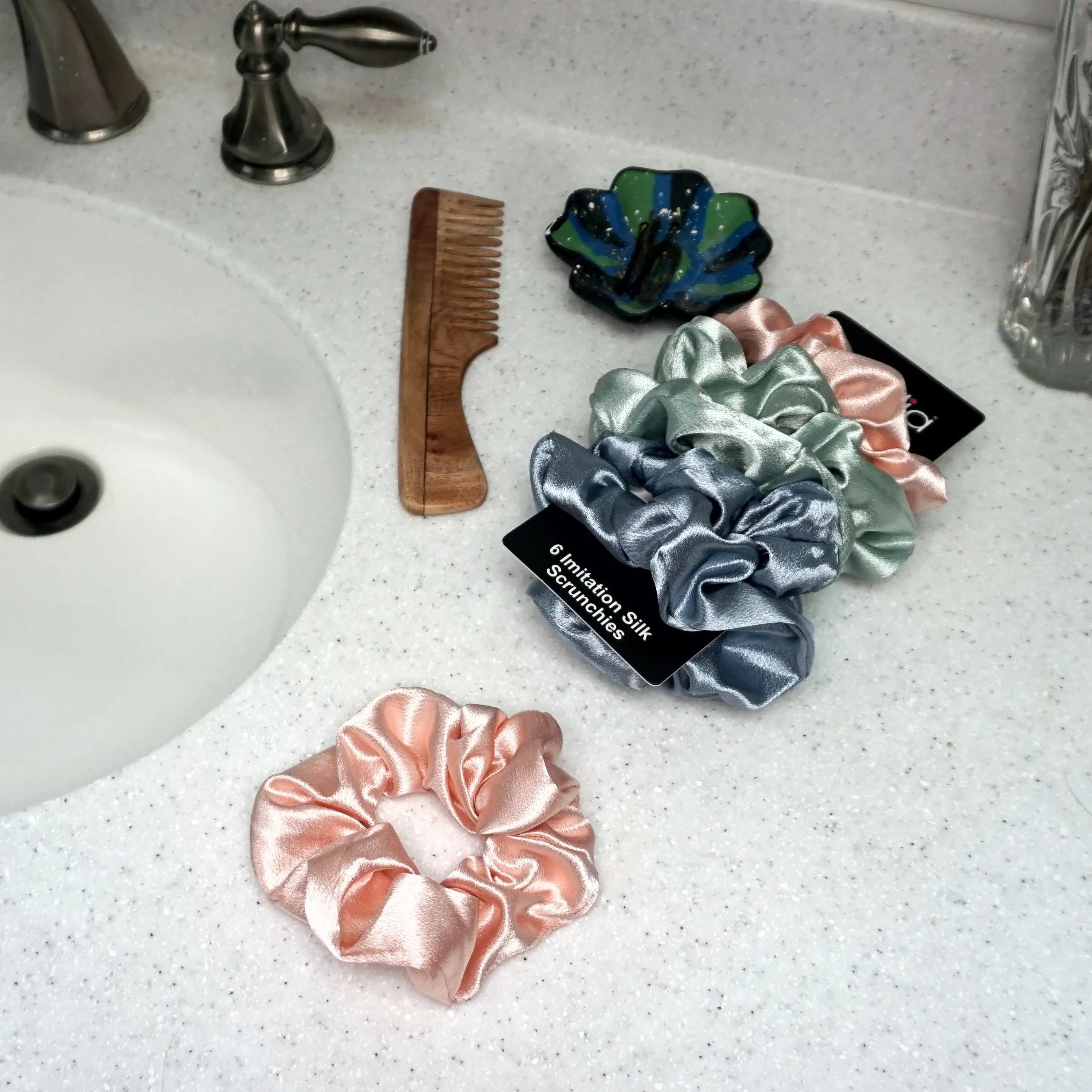 Amelia Beauty, Pastel Mix Imitation Silk Scrunchies, 4.5in Diameter, Gentle on Hair, Strong Hold, No Snag, No Dents or Creases. 6 Pack