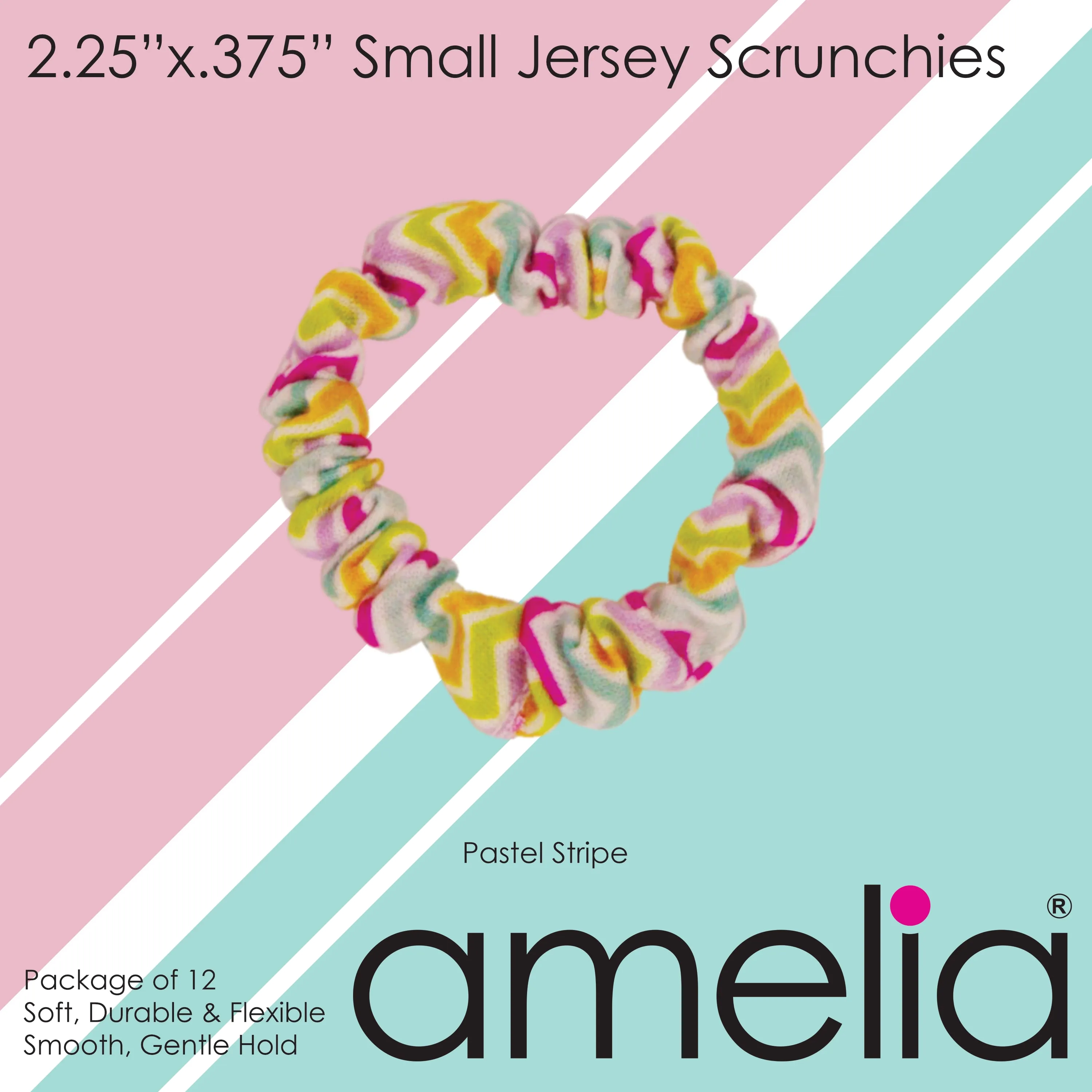 Amelia Beauty, Pastel Stripe Jersey Scrunchies, 2.25in Diameter, Gentle on Hair, Strong Hold, No Snag, No Dents or Creases. 12 Pack