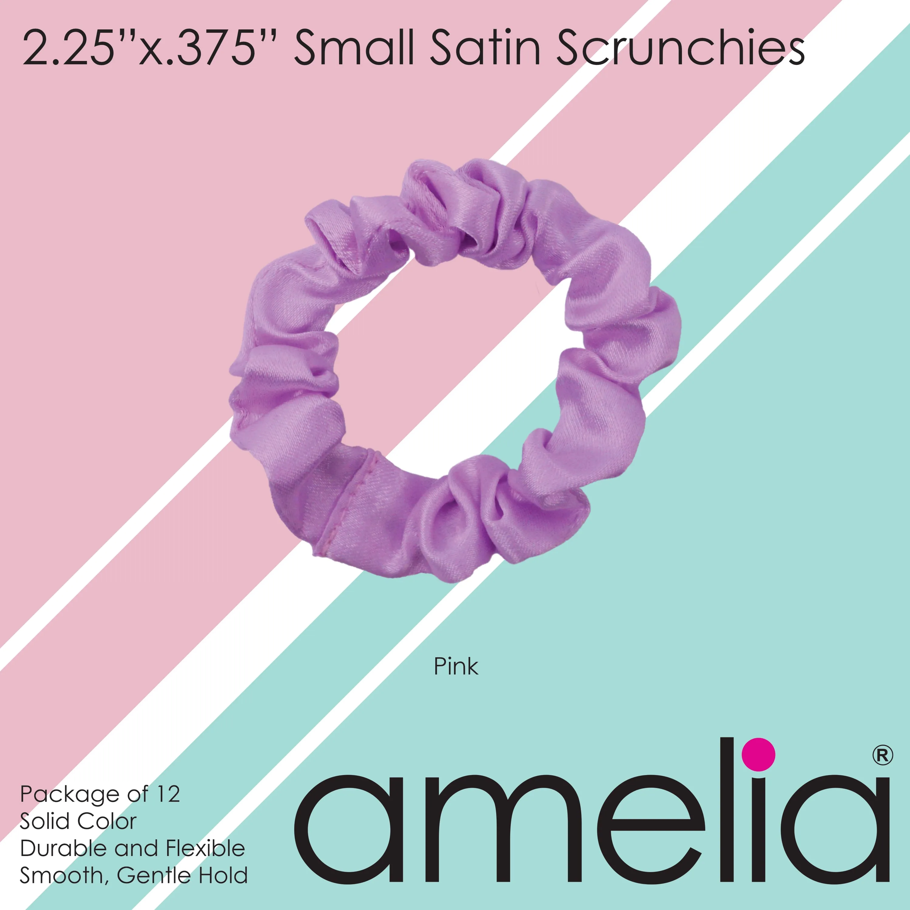 Amelia Beauty, Pink Satin Scrunchies, 2.25in Diameter, Gentle on Hair, Strong Hold, No Snag, No Dents or Creases. 12 Pack