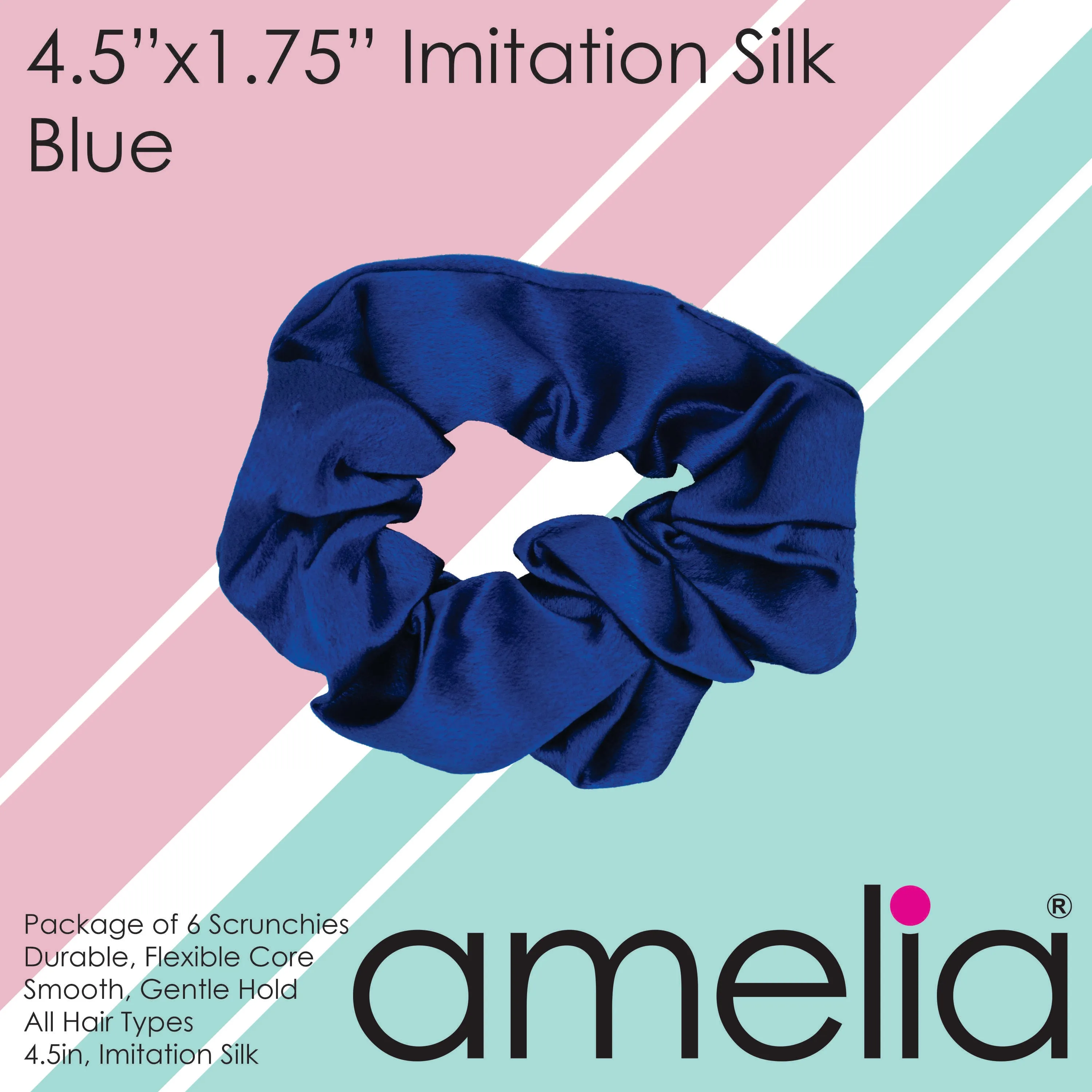 Amelia Beauty Products, Blue Imitation Silk Scrunchies, 4.5in Diameter, Gentle on Hair, Strong Hold, No Snag, No Dents or Creases. 6 Pack