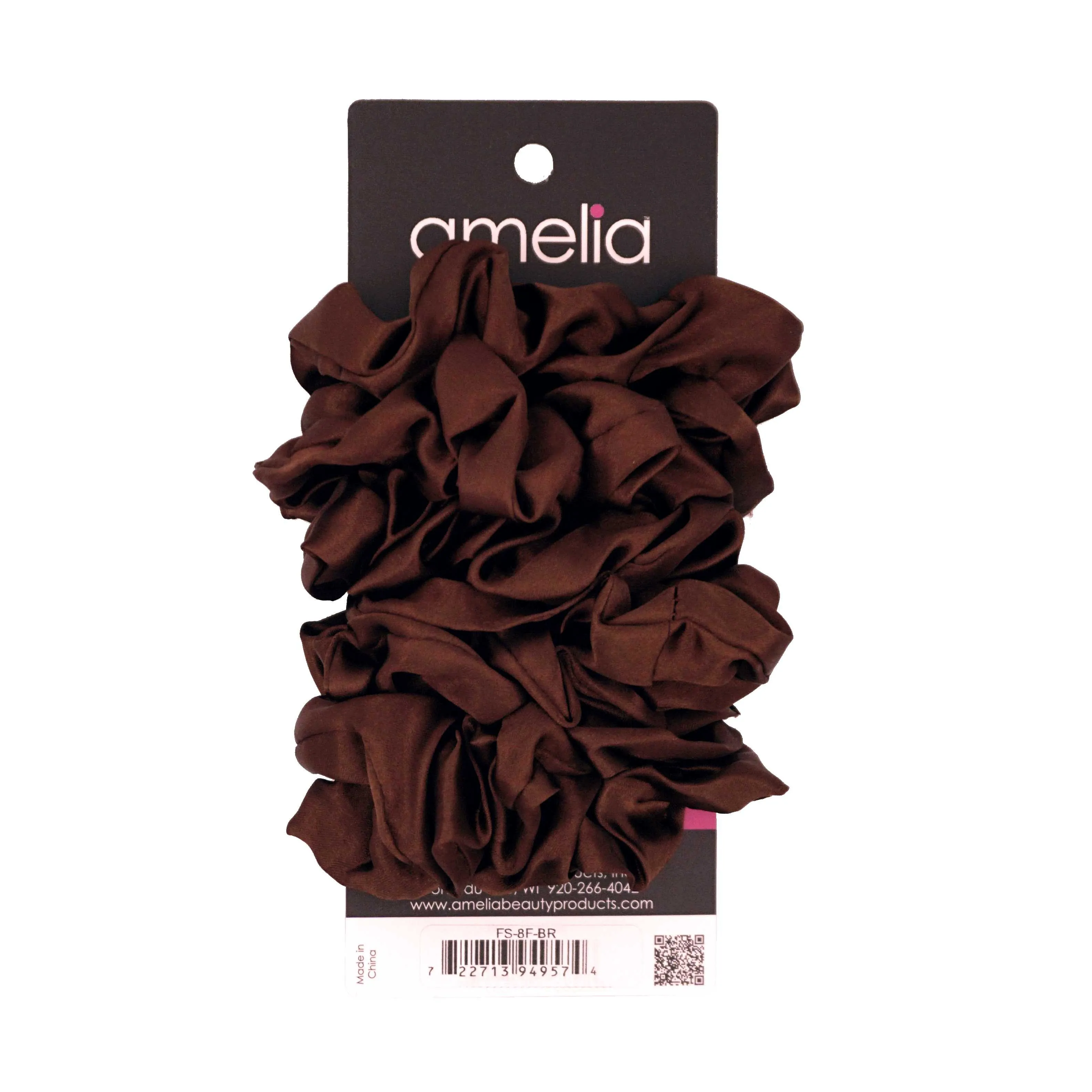 Amelia Beauty Products, Brown Satin Scrunchies, 3.5in Diameter, Gentle on Hair, Strong Hold, No Snag, No Dents or Creases. 8 Pack