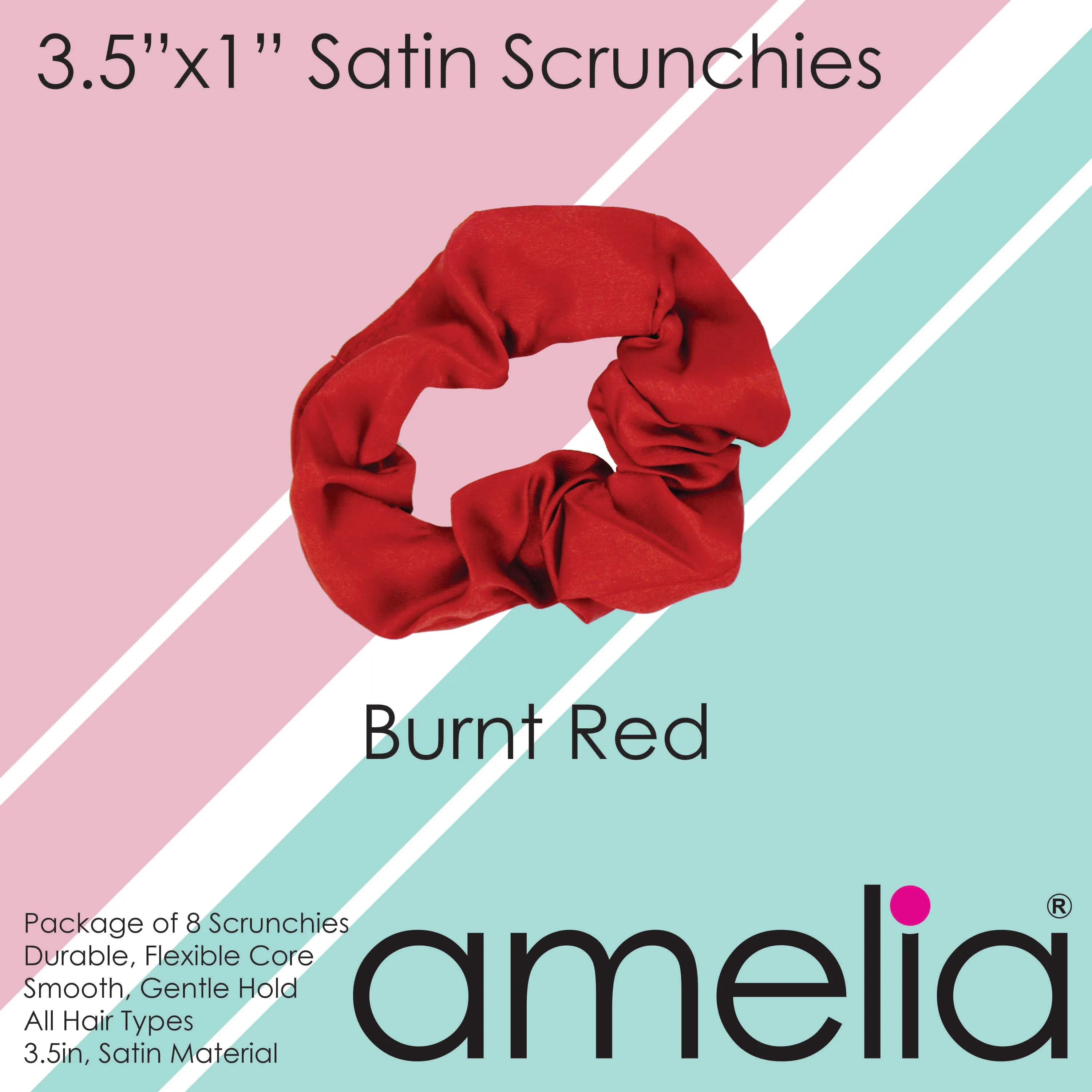 Amelia Beauty Products, Burnt Red Satin Scrunchies, 3.5in Diameter, Gentle on Hair, Strong Hold, No Snag, No Dents or Creases. 8 Pack