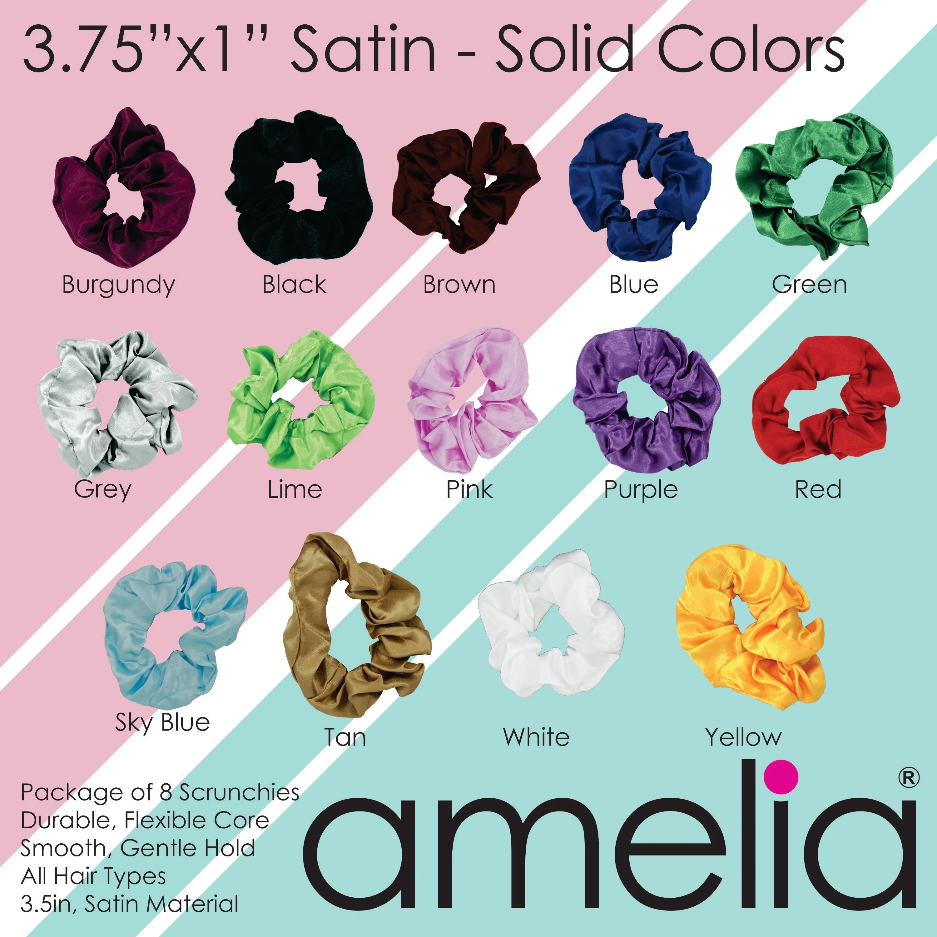 Amelia Beauty Products, Burnt Red Satin Scrunchies, 3.5in Diameter, Gentle on Hair, Strong Hold, No Snag, No Dents or Creases. 8 Pack