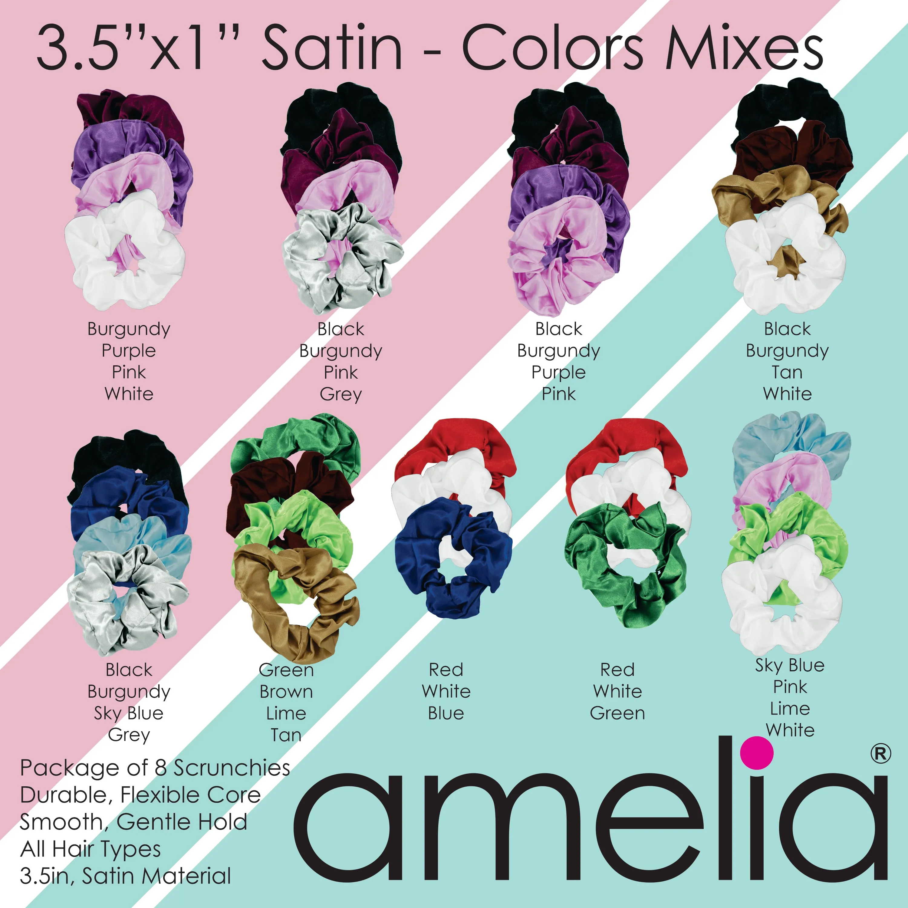 Amelia Beauty Products, Burnt Red Satin Scrunchies, 3.5in Diameter, Gentle on Hair, Strong Hold, No Snag, No Dents or Creases. 8 Pack