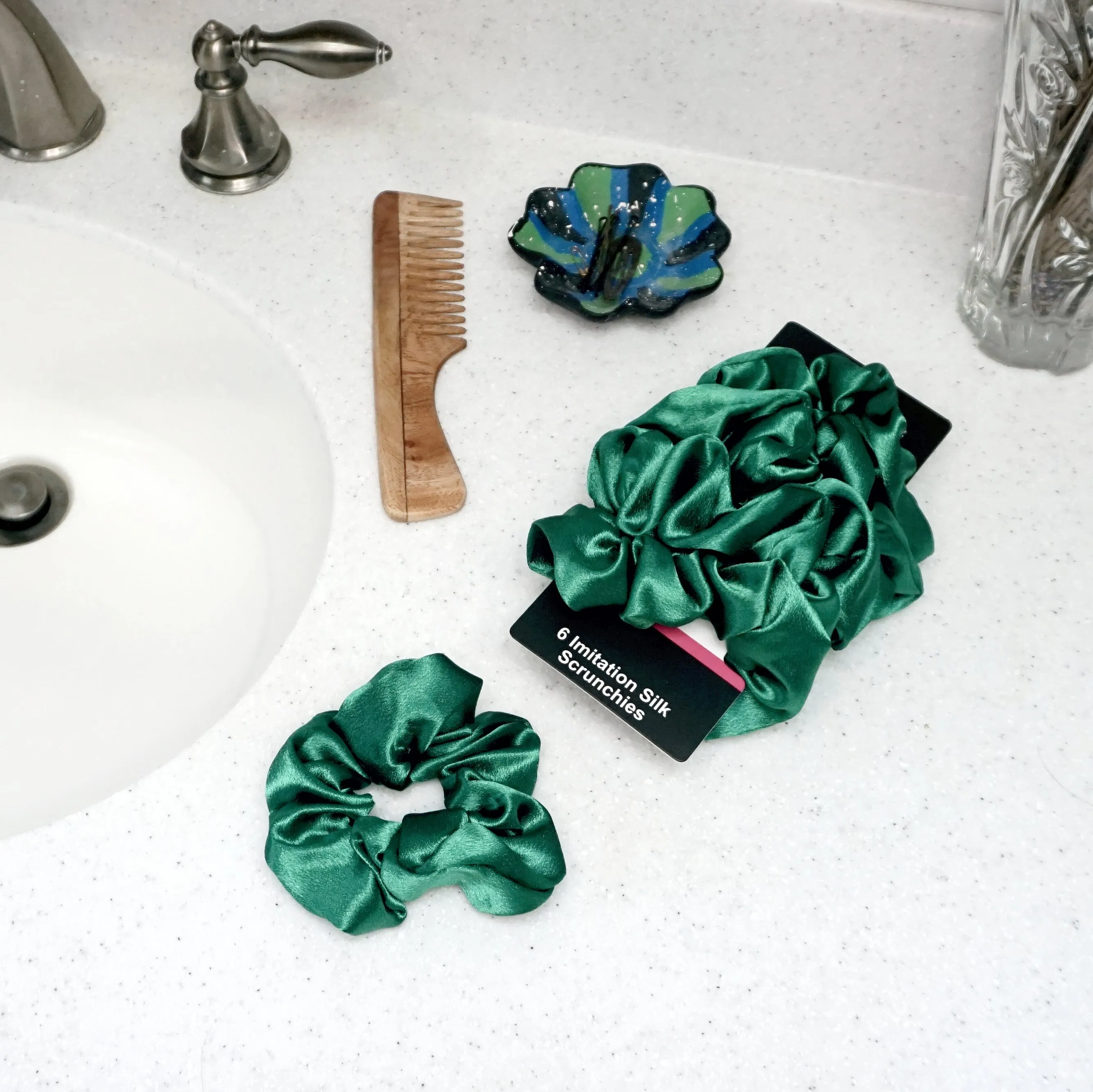 Amelia Beauty Products, Green Imitation Silk Scrunchies, 4.5in Diameter, Gentle on Hair, Strong Hold, No Snag, No Dents or Creases. 6 Pack
