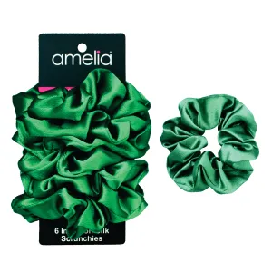 Amelia Beauty Products, Green Imitation Silk Scrunchies, 4.5in Diameter, Gentle on Hair, Strong Hold, No Snag, No Dents or Creases. 6 Pack