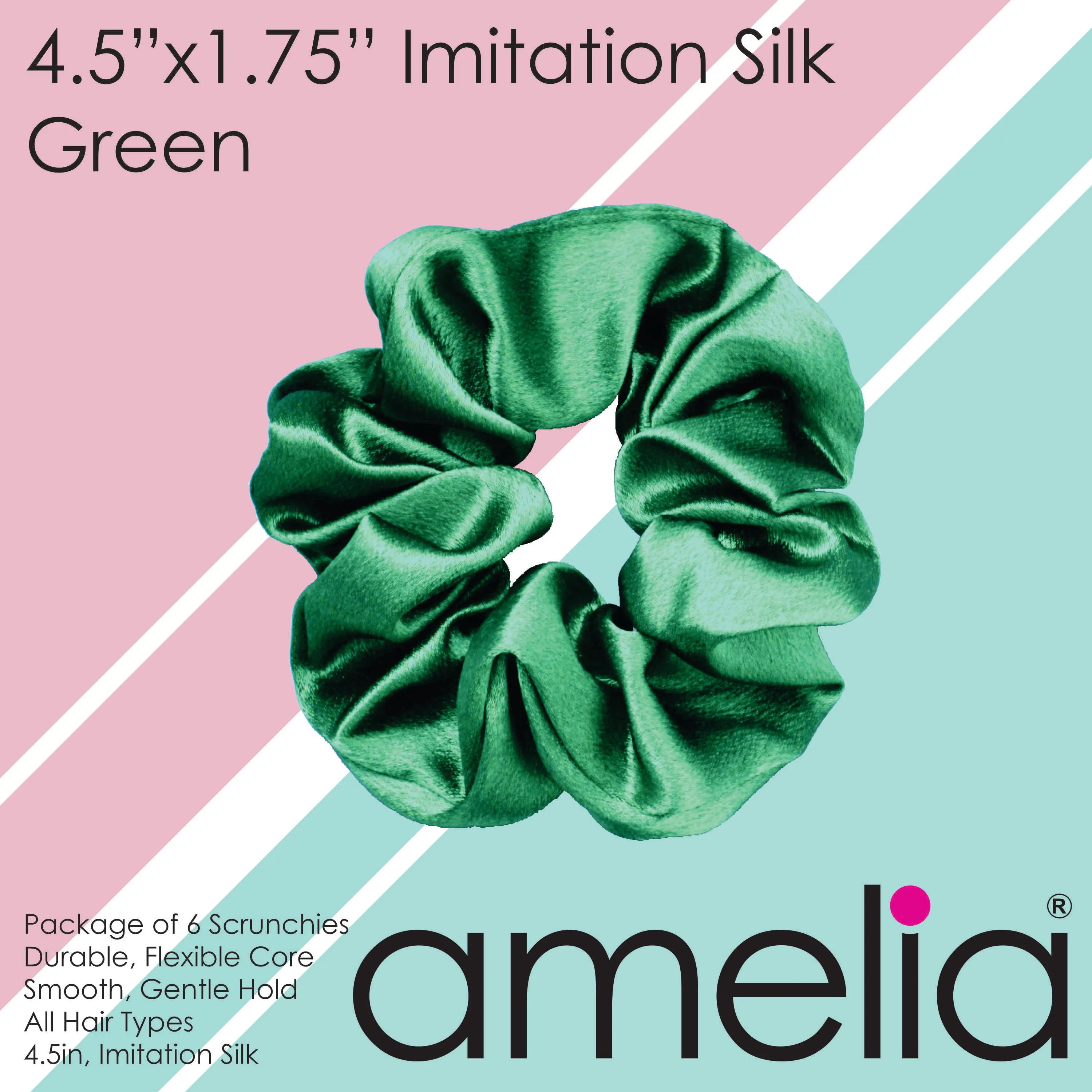 Amelia Beauty Products, Green Imitation Silk Scrunchies, 4.5in Diameter, Gentle on Hair, Strong Hold, No Snag, No Dents or Creases. 6 Pack