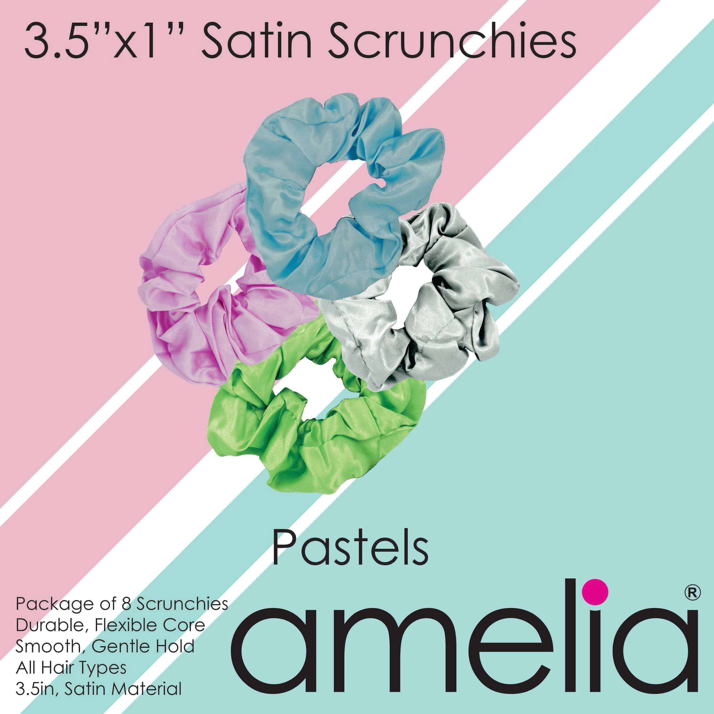 Amelia Beauty Products, Pastel Mix Satin Scrunchies, 3.5in Diameter, Gentle on Hair, Strong Hold, No Snag, No Dents or Creases. 8 Pack