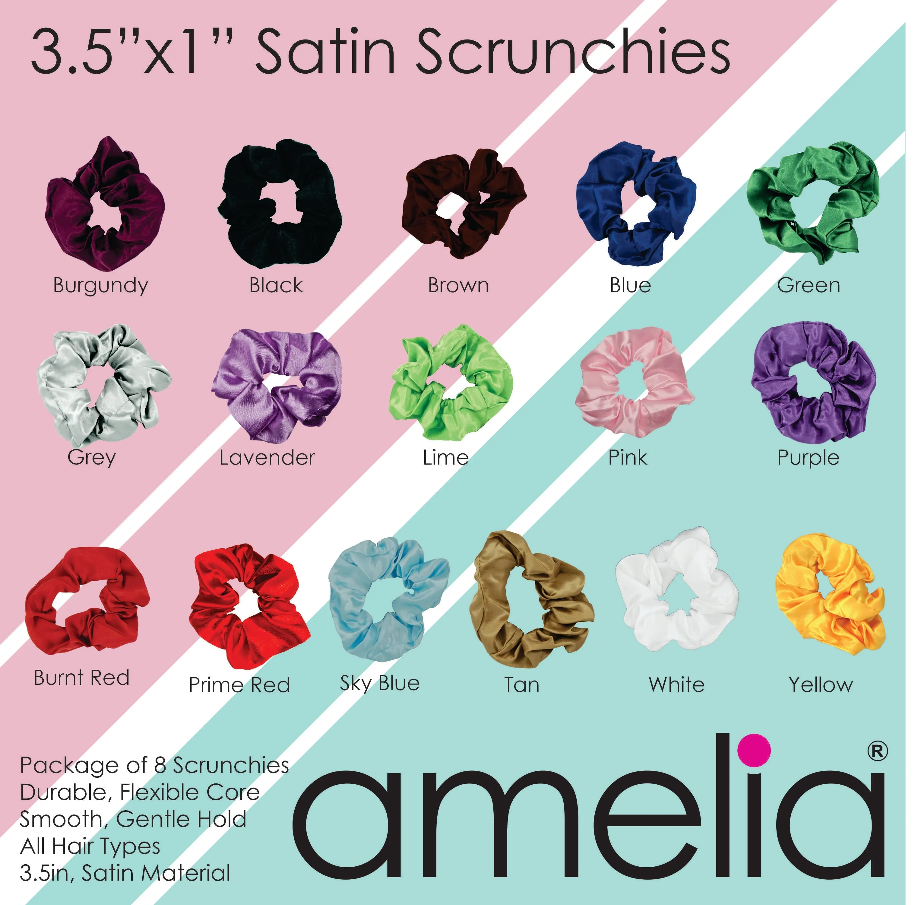 Amelia Beauty Products, Pastel Mix Satin Scrunchies, 3.5in Diameter, Gentle on Hair, Strong Hold, No Snag, No Dents or Creases. 8 Pack