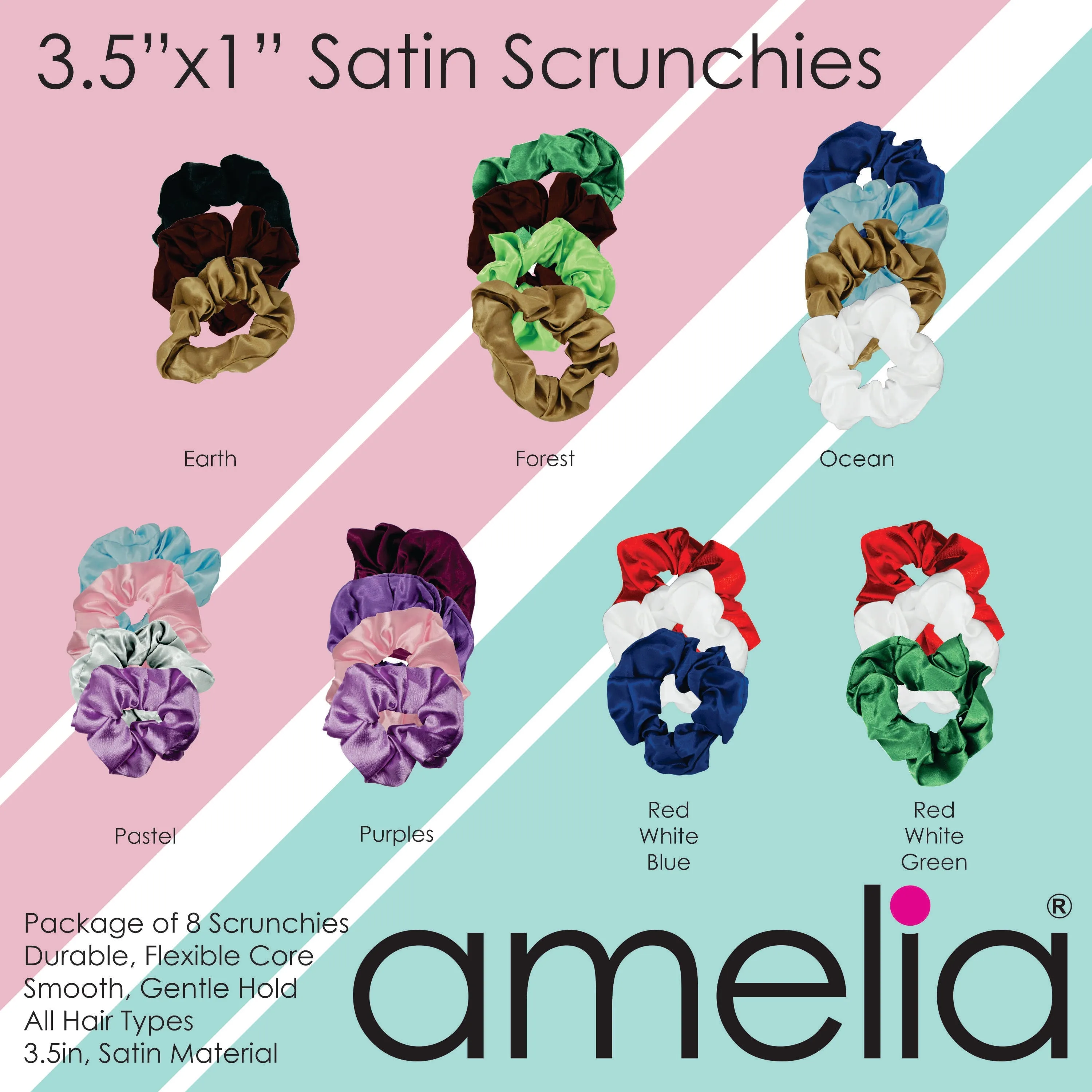Amelia Beauty Products, Pastel Mix Satin Scrunchies, 3.5in Diameter, Gentle on Hair, Strong Hold, No Snag, No Dents or Creases. 8 Pack