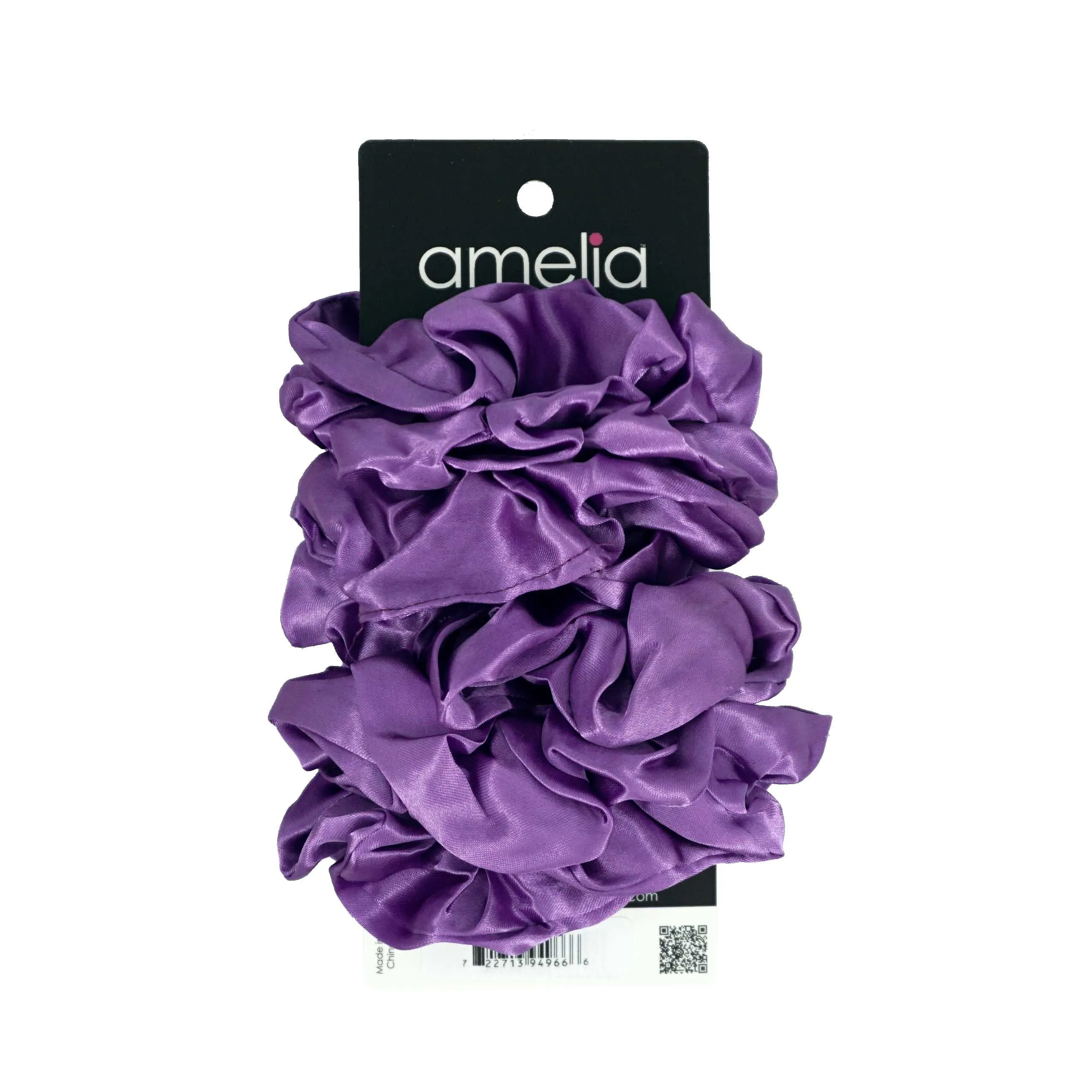 Amelia Beauty Products, Purple Satin Scrunchies, 3.5in Diameter, Gentle on Hair, Strong Hold, No Snag, No Dents or Creases. 8 Pack