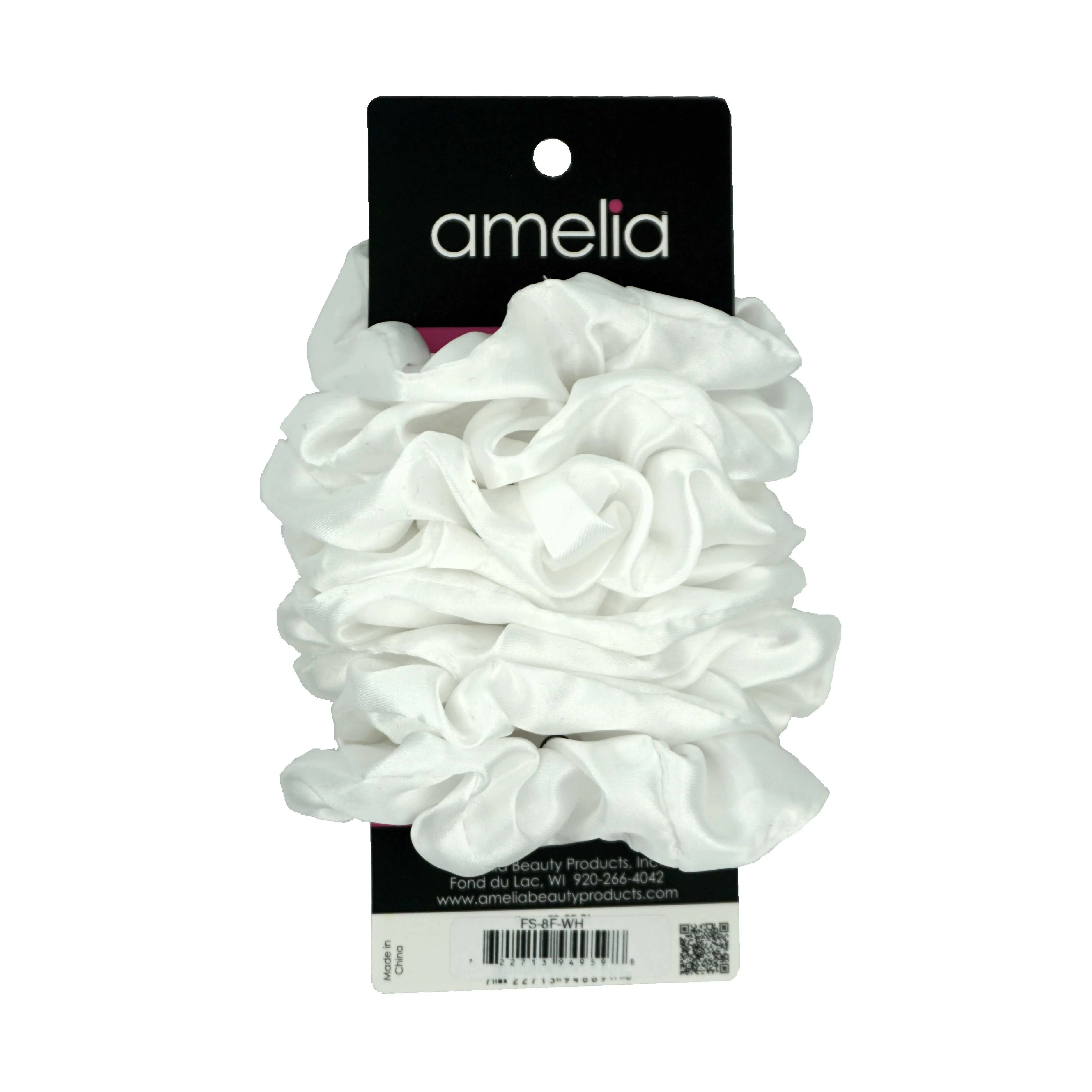 Amelia Beauty Products, White Satin Scrunchies, 3.5in Diameter, Gentle on Hair, Strong Hold, No Snag, No Dents or Creases. 8 Pack