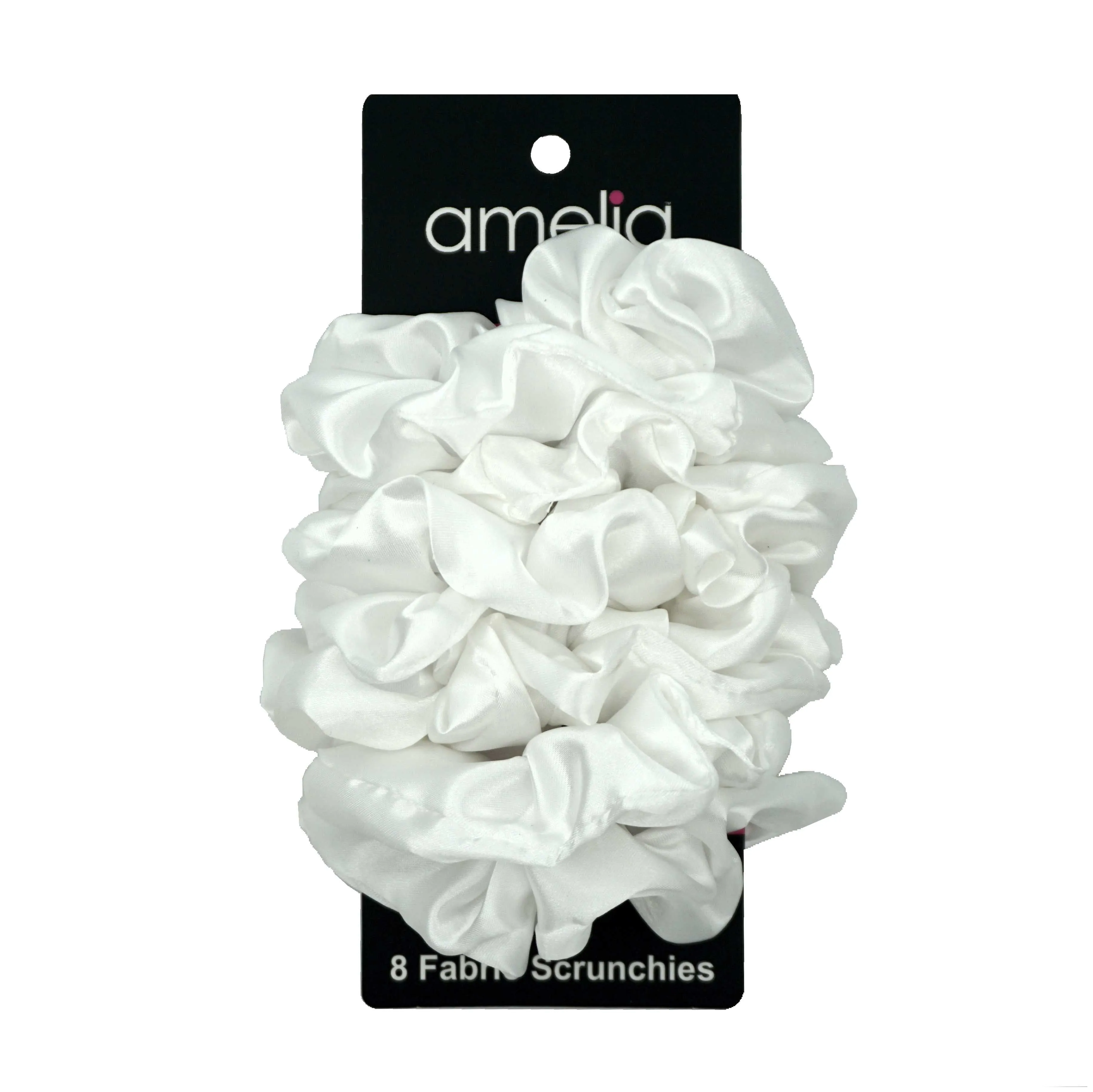 Amelia Beauty Products, White Satin Scrunchies, 3.5in Diameter, Gentle on Hair, Strong Hold, No Snag, No Dents or Creases. 8 Pack