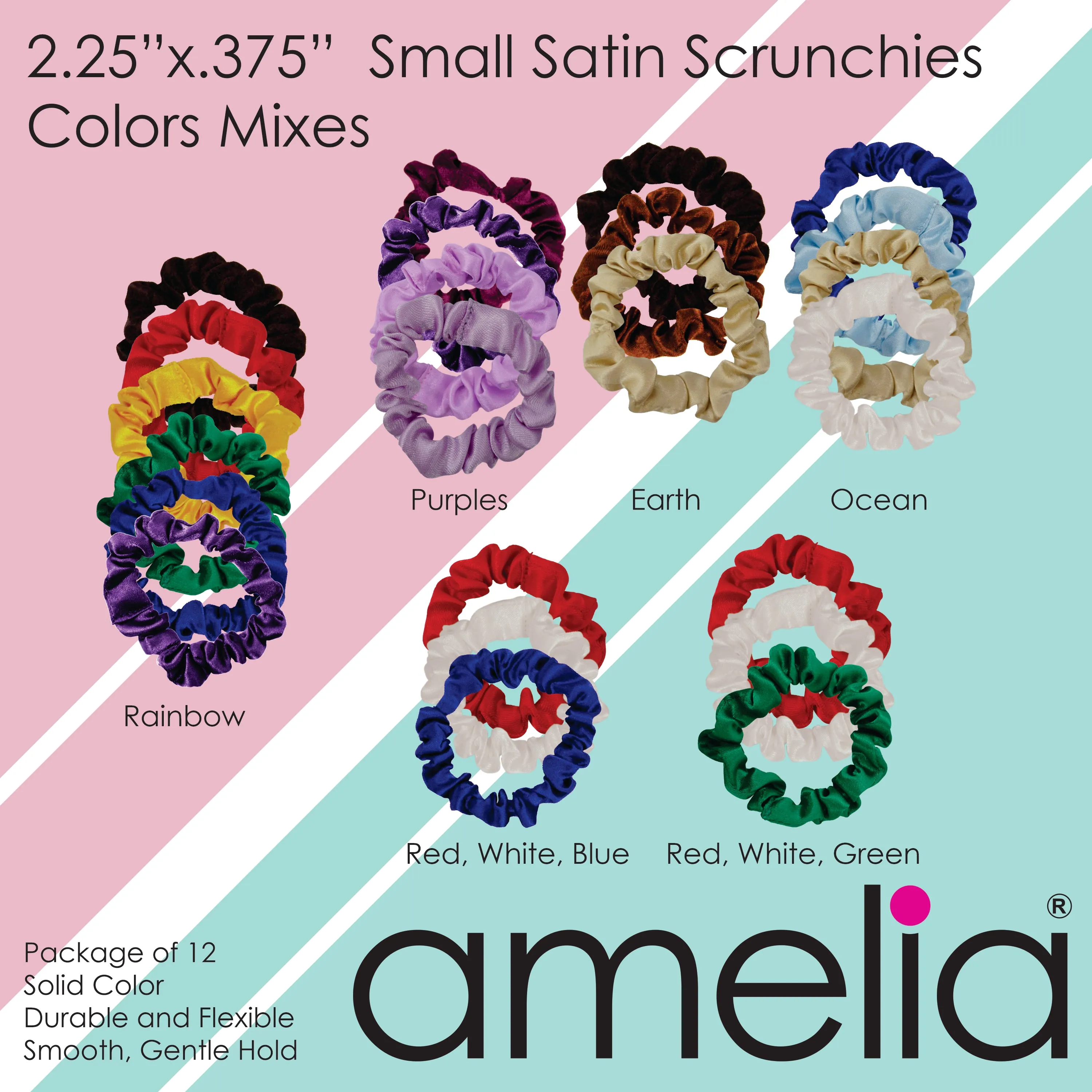 Amelia Beauty, Purple Satin Scrunchies, 2.25in Diameter, Gentle on Hair, Strong Hold, No Snag, No Dents or Creases. 12 Pack