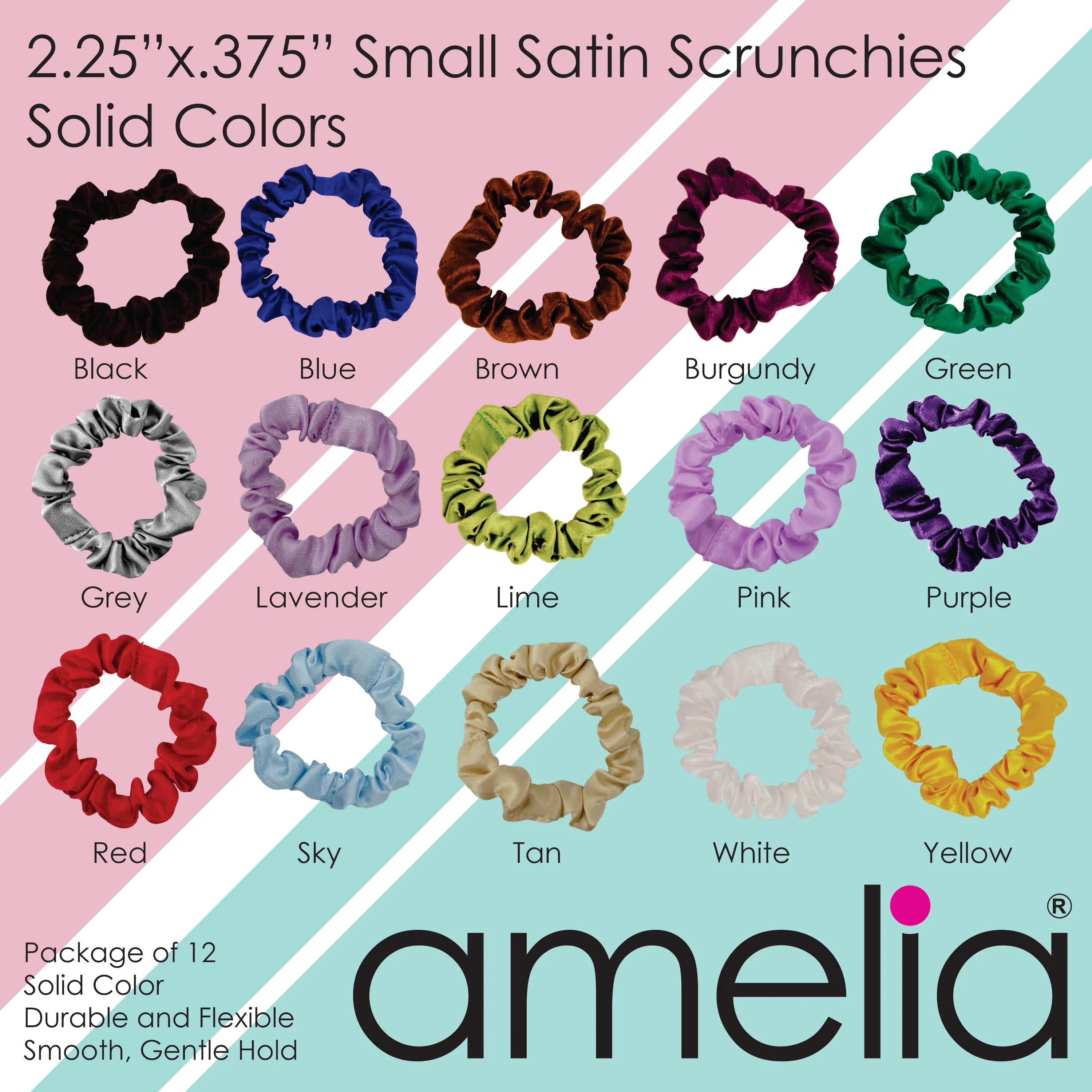 Amelia Beauty, Purple Satin Scrunchies, 2.25in Diameter, Gentle on Hair, Strong Hold, No Snag, No Dents or Creases. 12 Pack