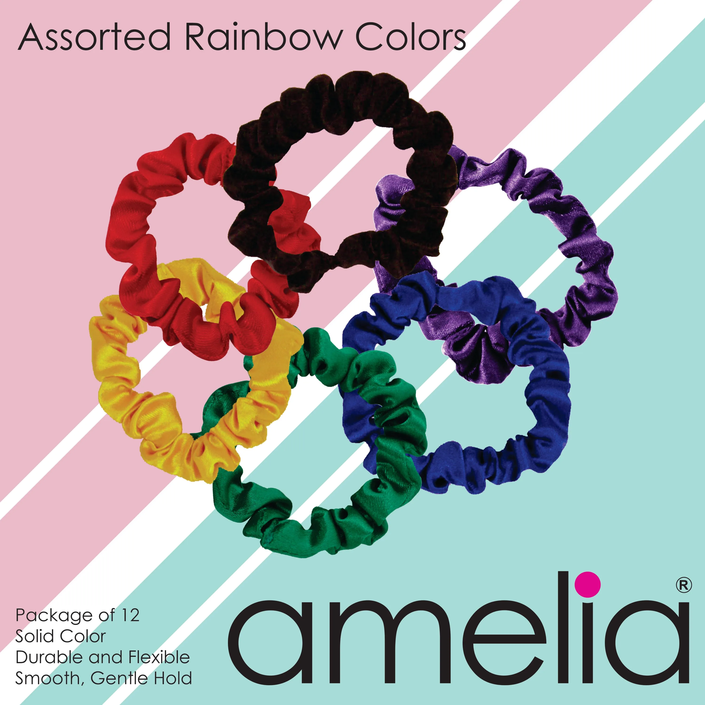 Amelia Beauty, Rainbow Colors Satin Scrunchies, 2.25in Diameter, Gentle on Hair, Strong Hold, No Snag, No Dents or Creases. 12 Pack