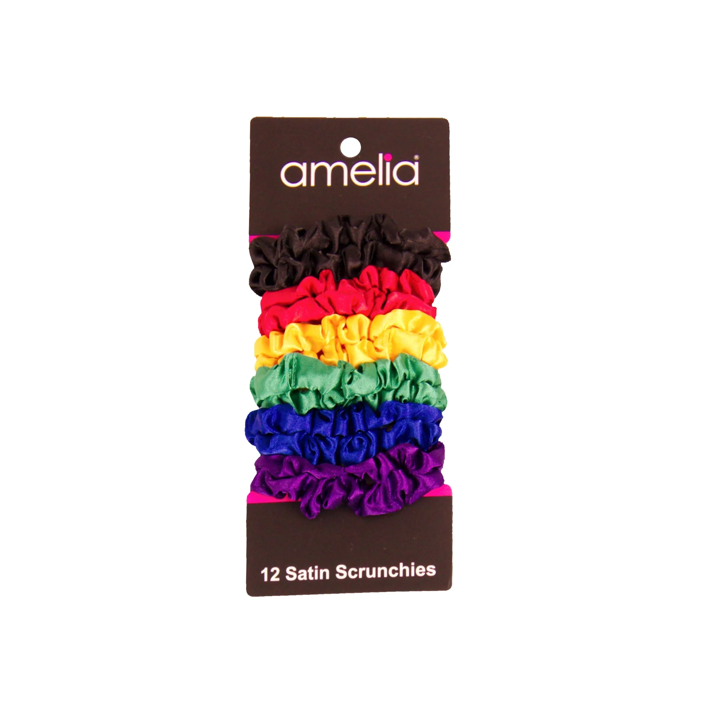 Amelia Beauty, Rainbow Colors Satin Scrunchies, 2.25in Diameter, Gentle on Hair, Strong Hold, No Snag, No Dents or Creases. 12 Pack