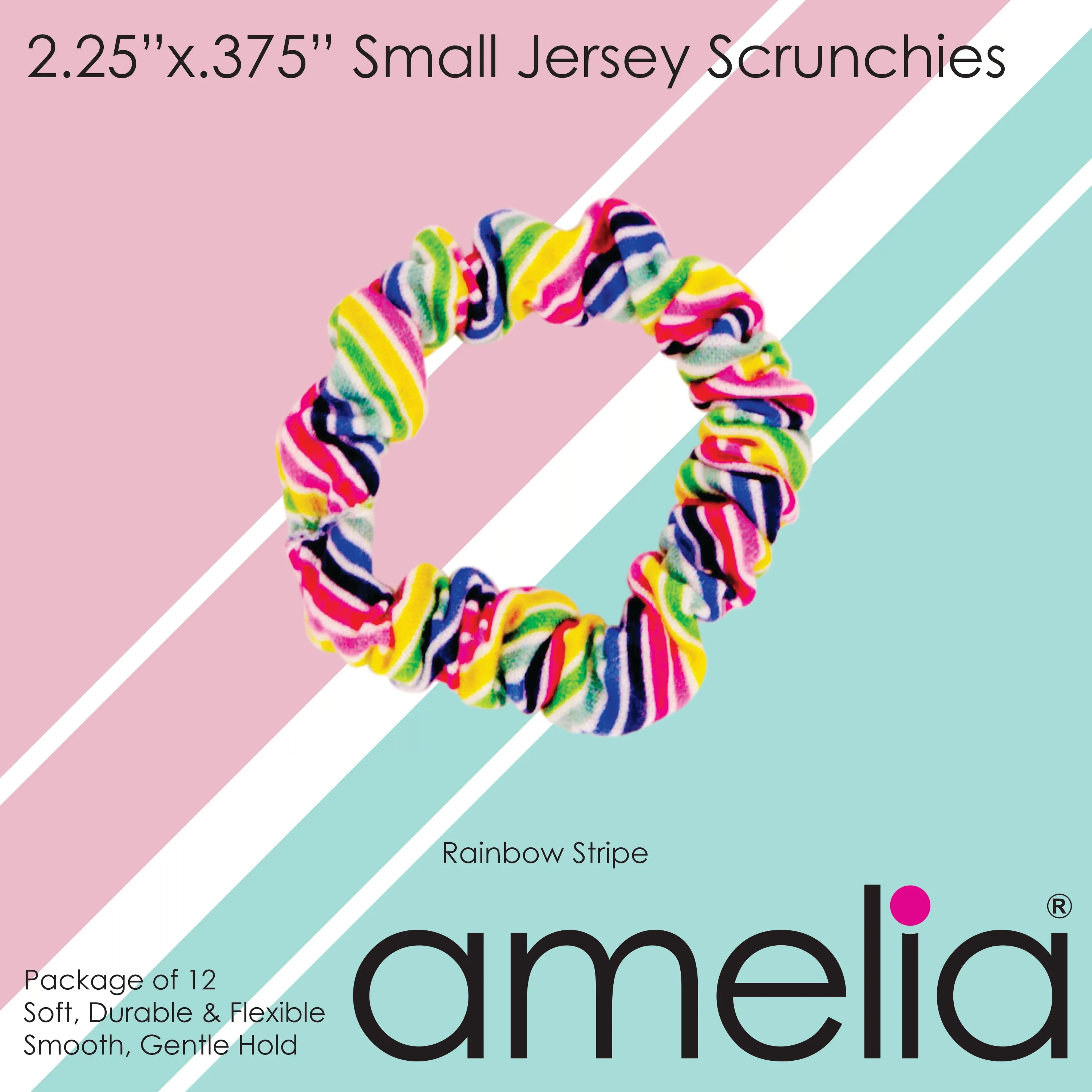 Amelia Beauty, Rainbow Stripe Jersey Scrunchies, 2.25in Diameter, Gentle on Hair, Strong Hold, No Snag, No Dents or Creases. 12 Pack