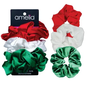 Amelia Beauty, Red, White and Green Mix Imitation Silk Scrunchies, 4.5in Diameter, Gentle on Hair, Strong Hold, No Snag, No Dents or Creases. 6 Pack