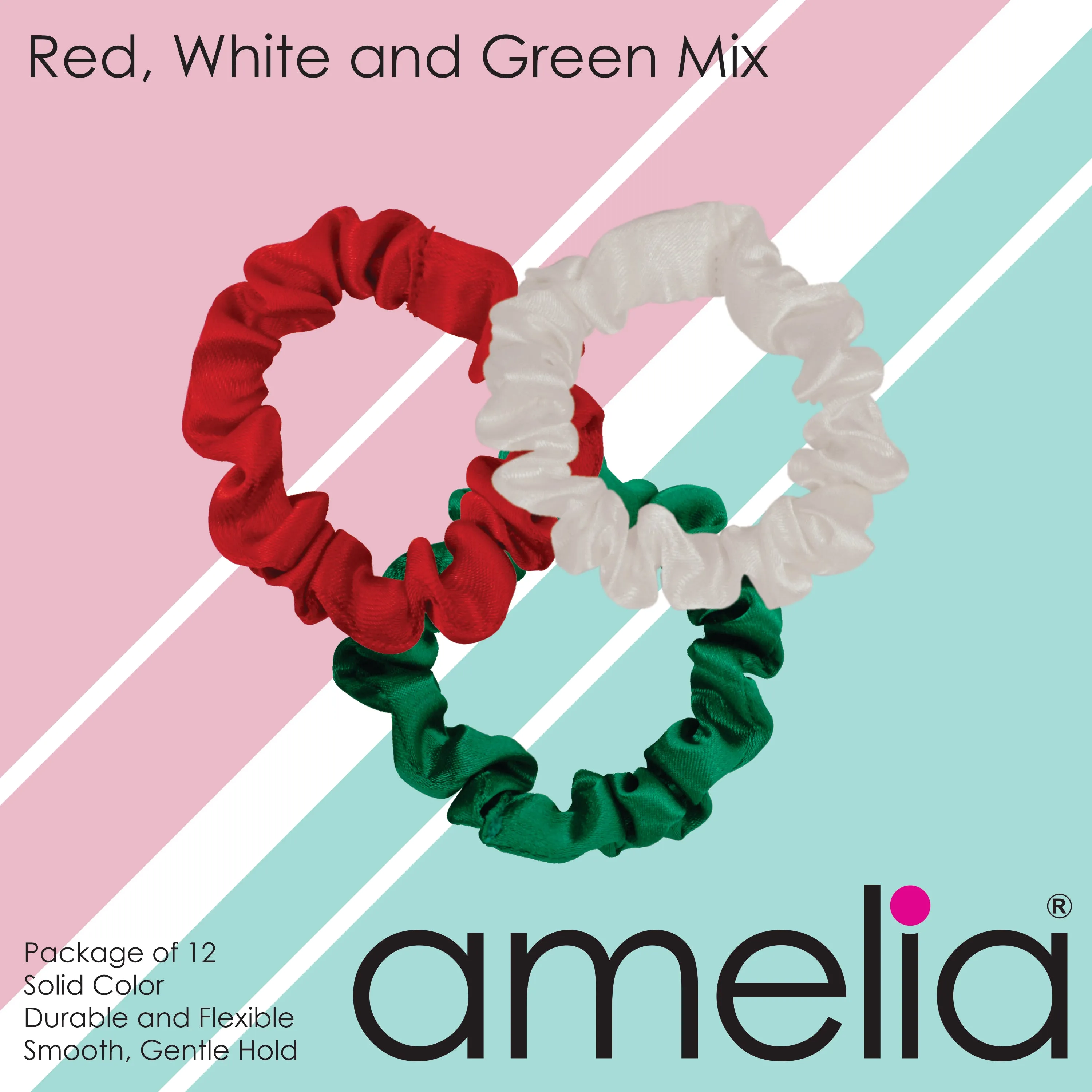 Amelia Beauty, Red, White and Green Satin Scrunchies, 2.25in Diameter, Gentle on Hair, Strong Hold, No Snag, No Dents or Creases. 12 Pack