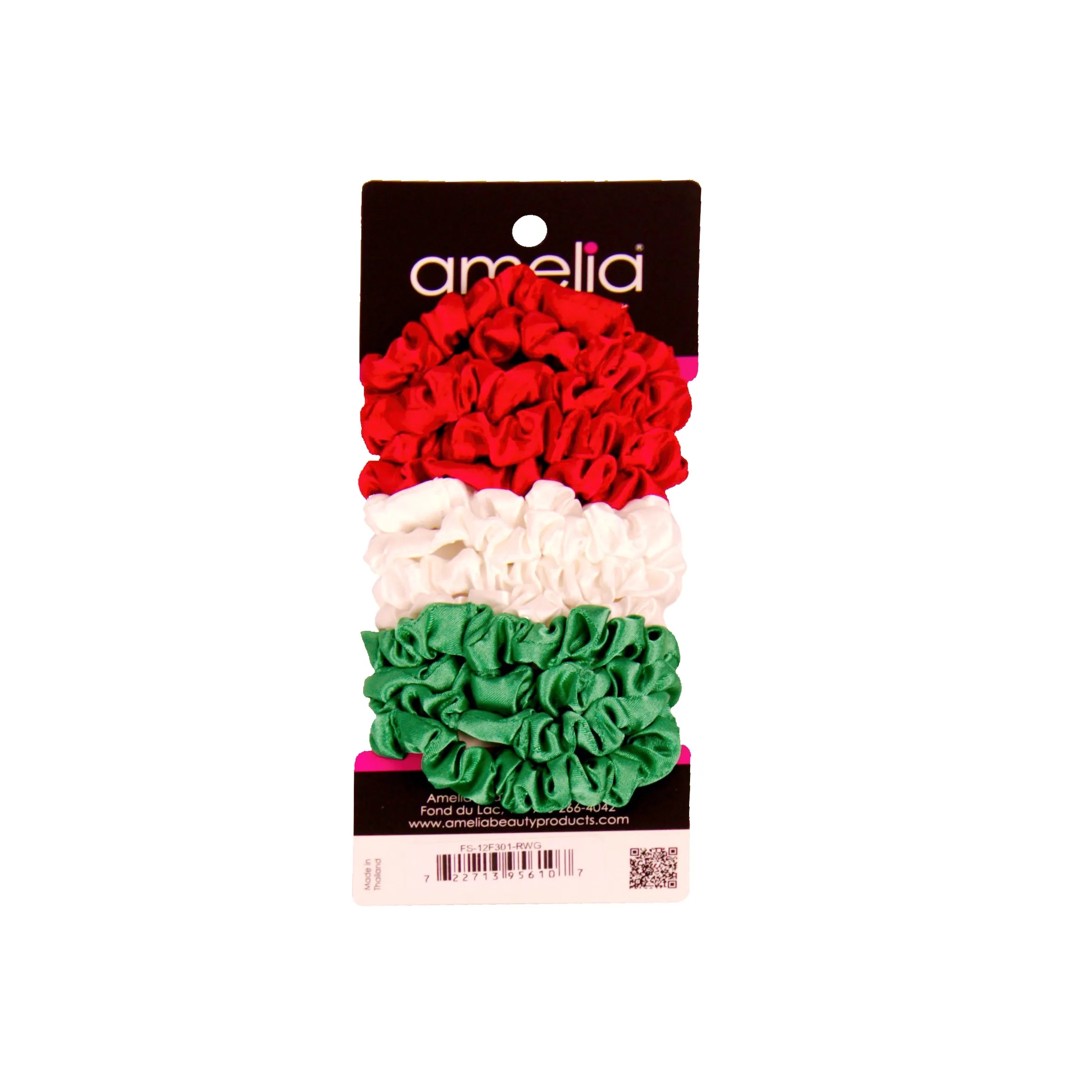 Amelia Beauty, Red, White and Green Satin Scrunchies, 2.25in Diameter, Gentle on Hair, Strong Hold, No Snag, No Dents or Creases. 12 Pack