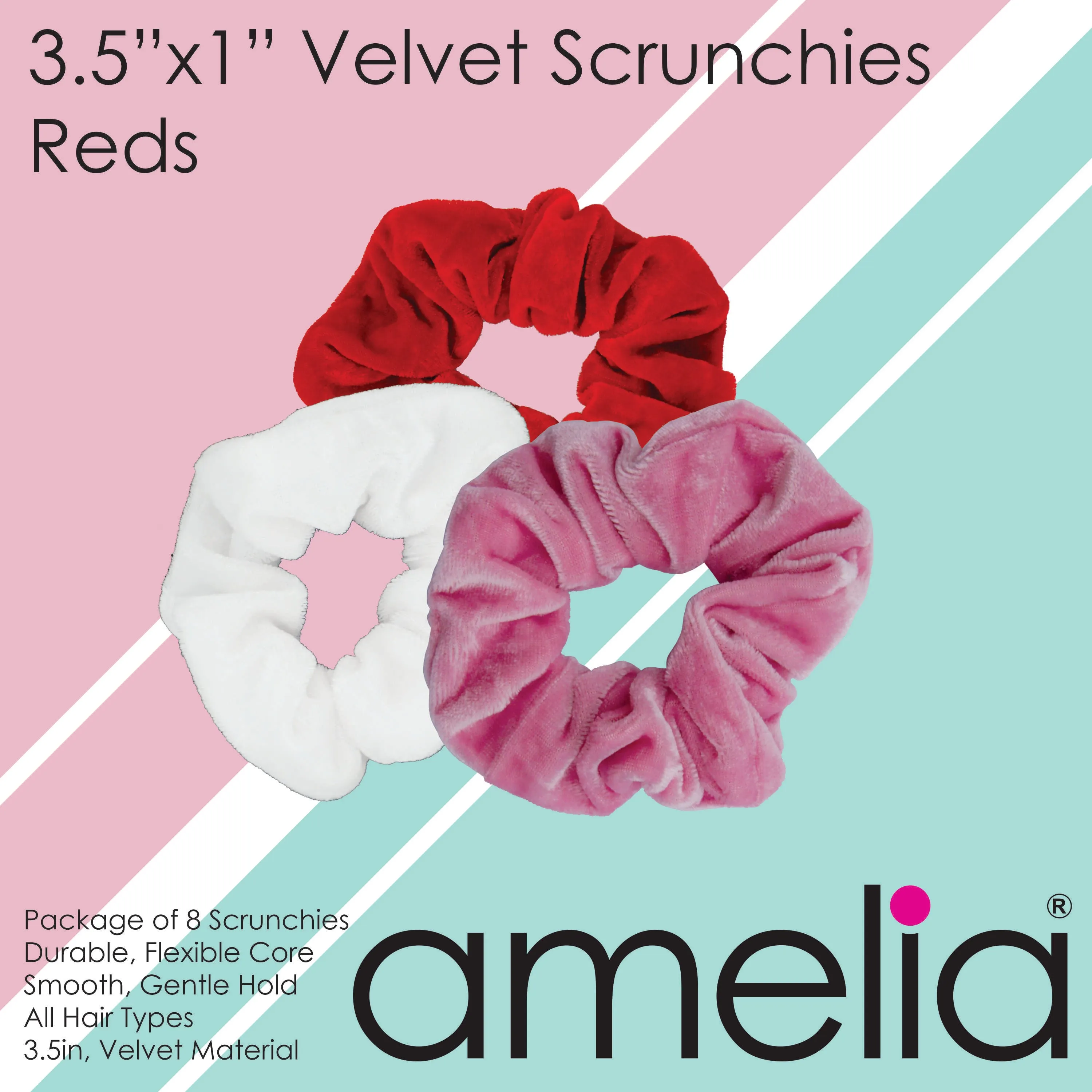 Amelia Beauty, Reds Mix Velvet Scrunchies, 3.5in Diameter, Gentle on Hair, Strong Hold, No Snag, No Dents or Creases. 8 Pack
