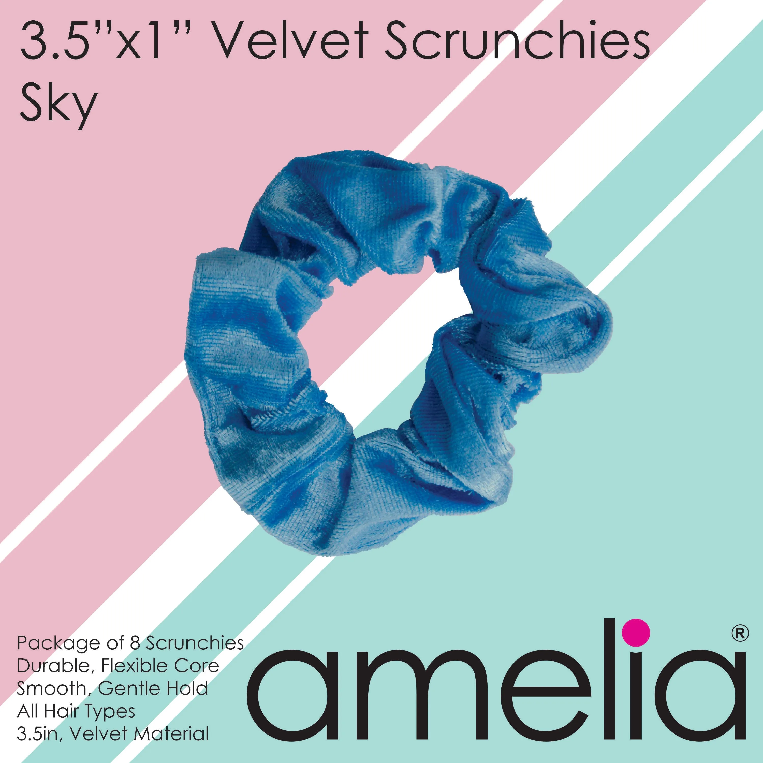 Amelia Beauty, Sky Blue Velvet Scrunchies, 3.5in Diameter, Gentle on Hair, Strong Hold, No Snag, No Dents or Creases. 8 Pack