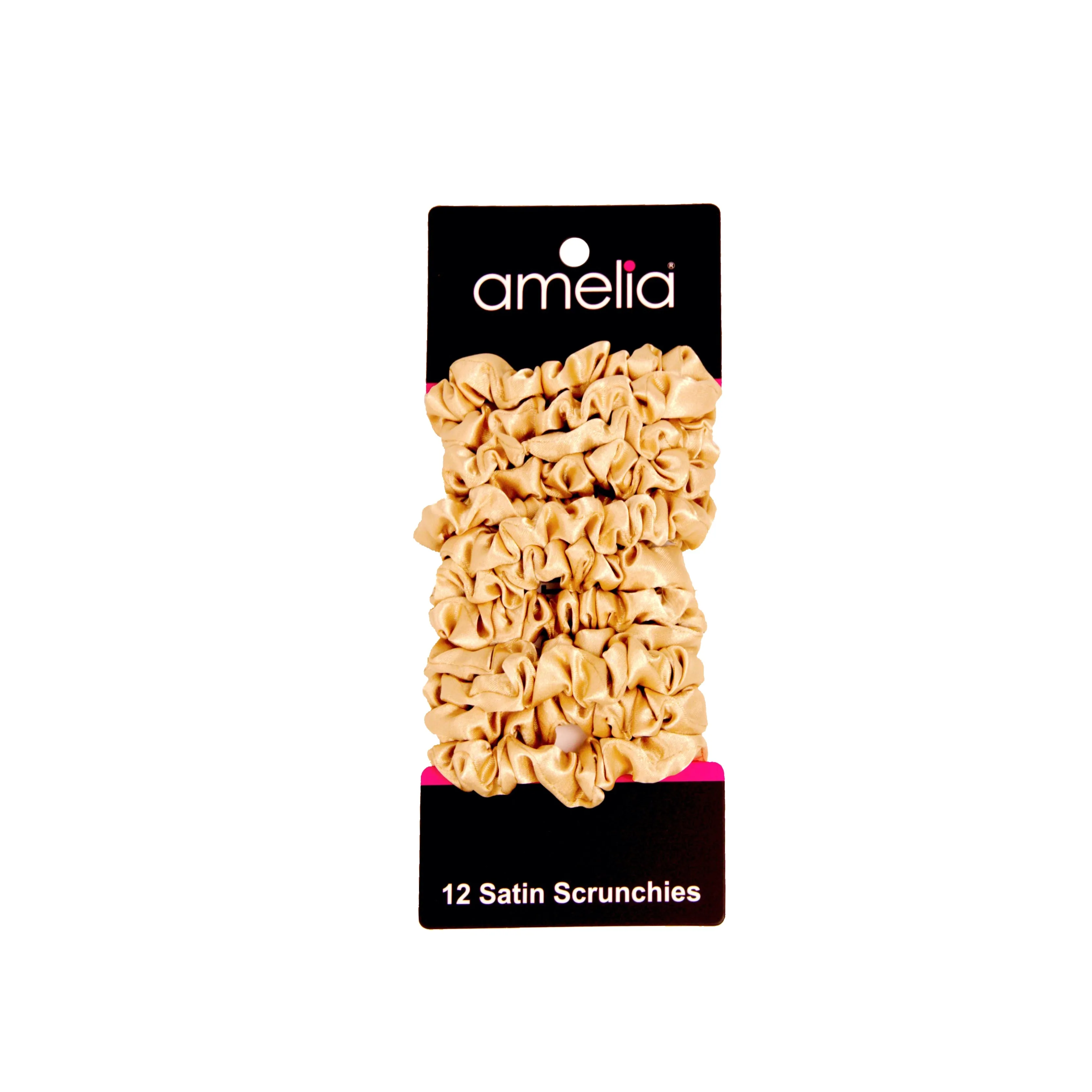 Amelia Beauty, Tan Satin Scrunchies, 2.25in Diameter, Gentle on Hair, Strong Hold, No Snag, No Dents or Creases. 12 Pack