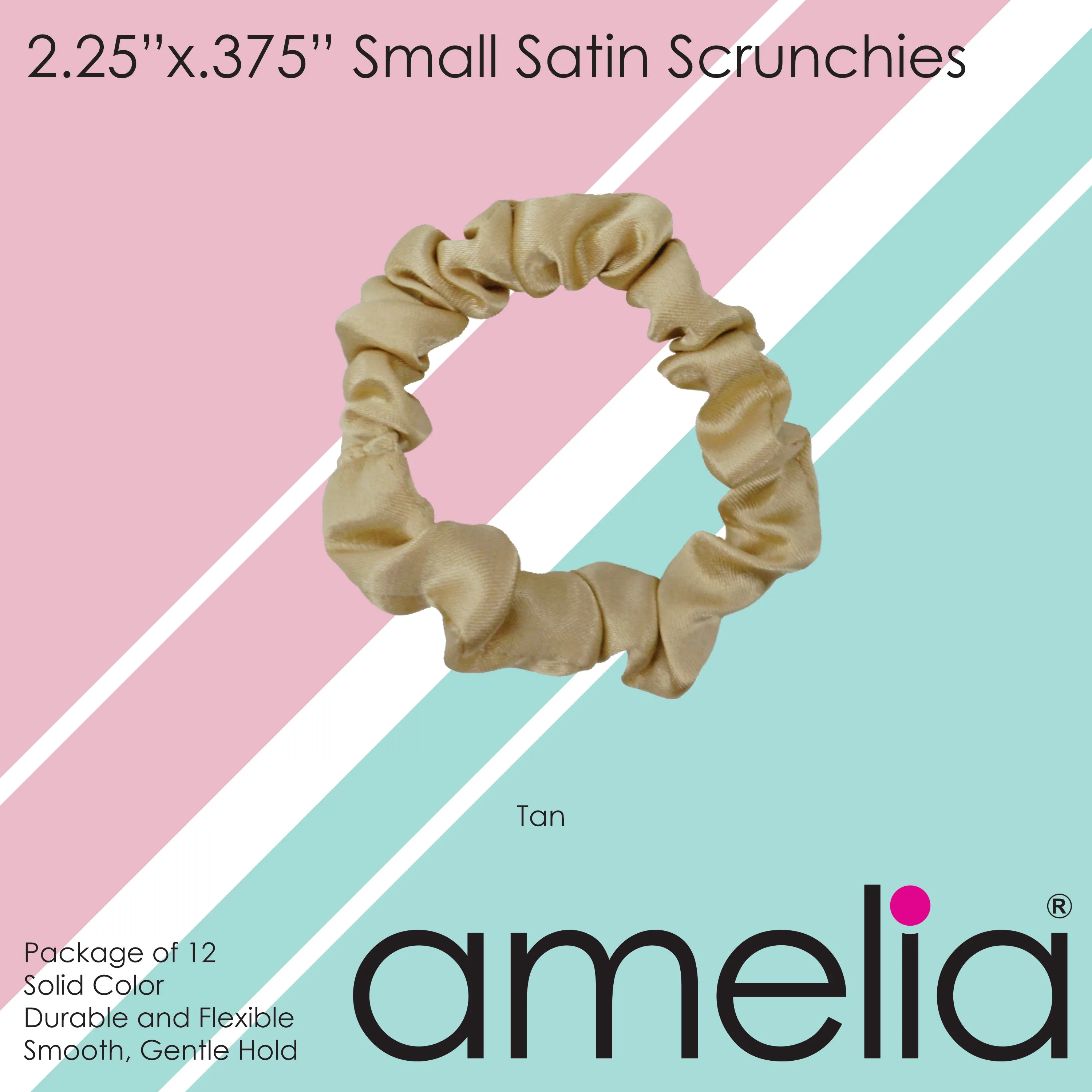 Amelia Beauty, Tan Satin Scrunchies, 2.25in Diameter, Gentle on Hair, Strong Hold, No Snag, No Dents or Creases. 12 Pack