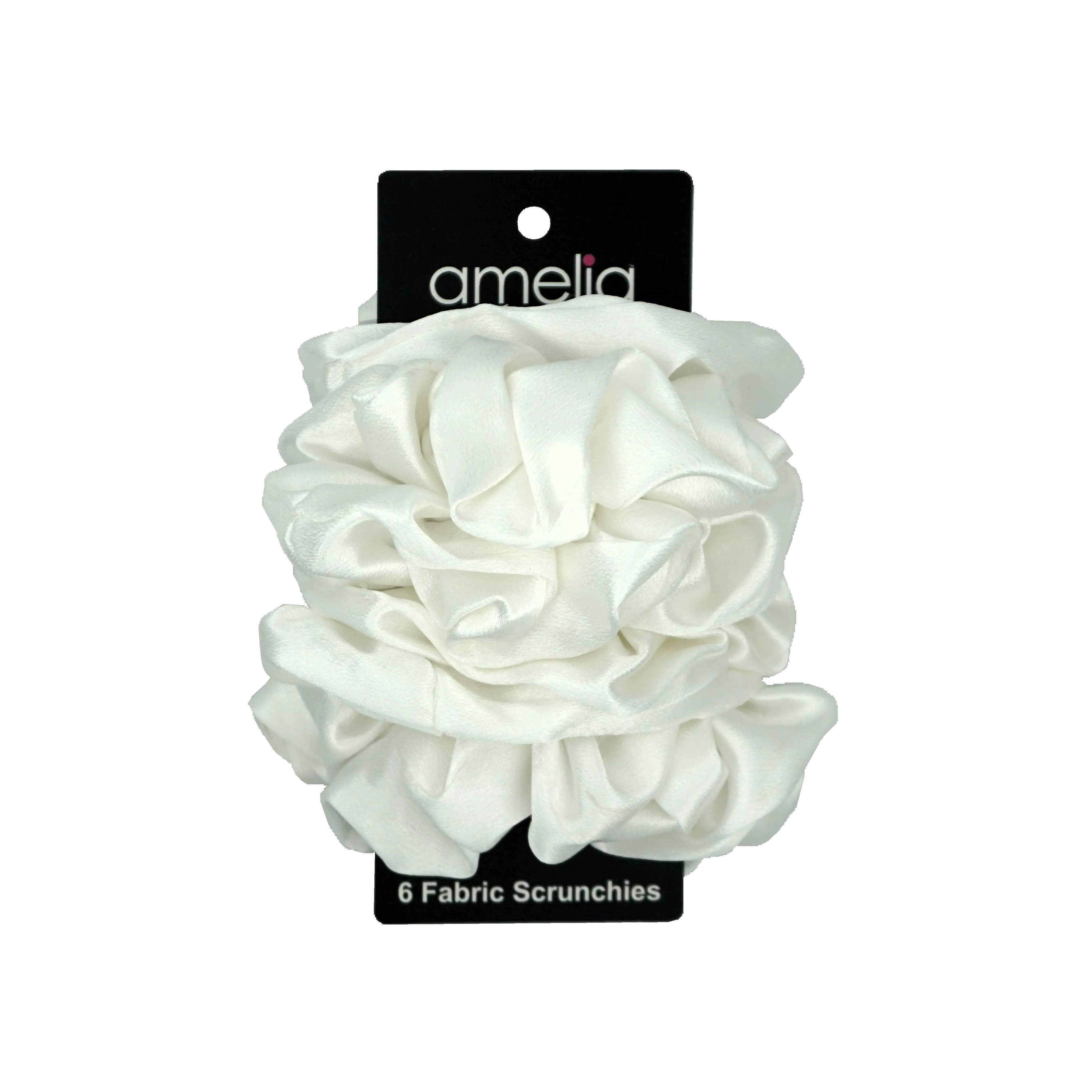 Amelia Beauty, White Imitation Silk Scrunchies, 4.5in Diameter, Gentle on Hair, Strong Hold, No Snag, No Dents or Creases. 6 Pack