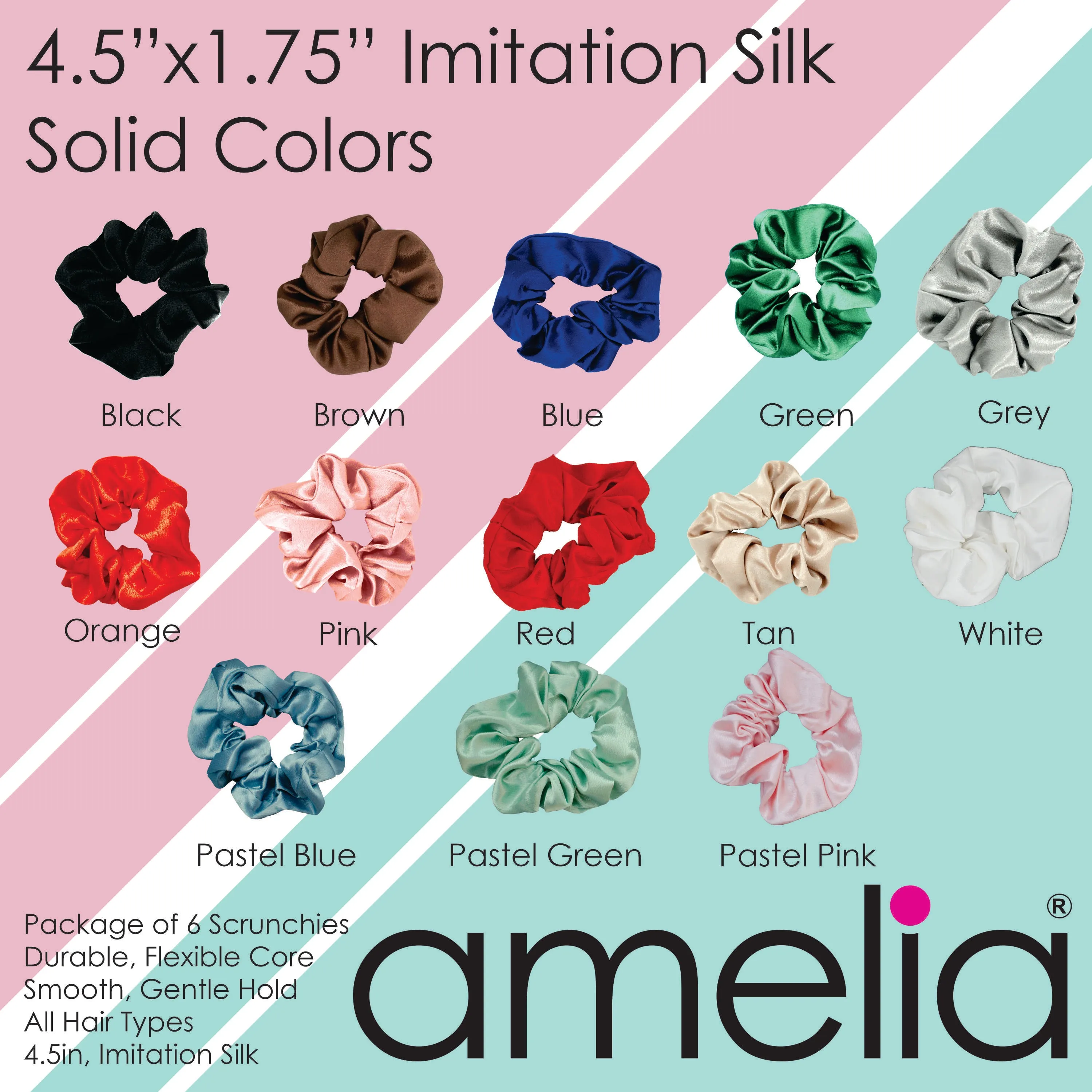 Amelia Beauty, White Imitation Silk Scrunchies, 4.5in Diameter, Gentle on Hair, Strong Hold, No Snag, No Dents or Creases. 6 Pack
