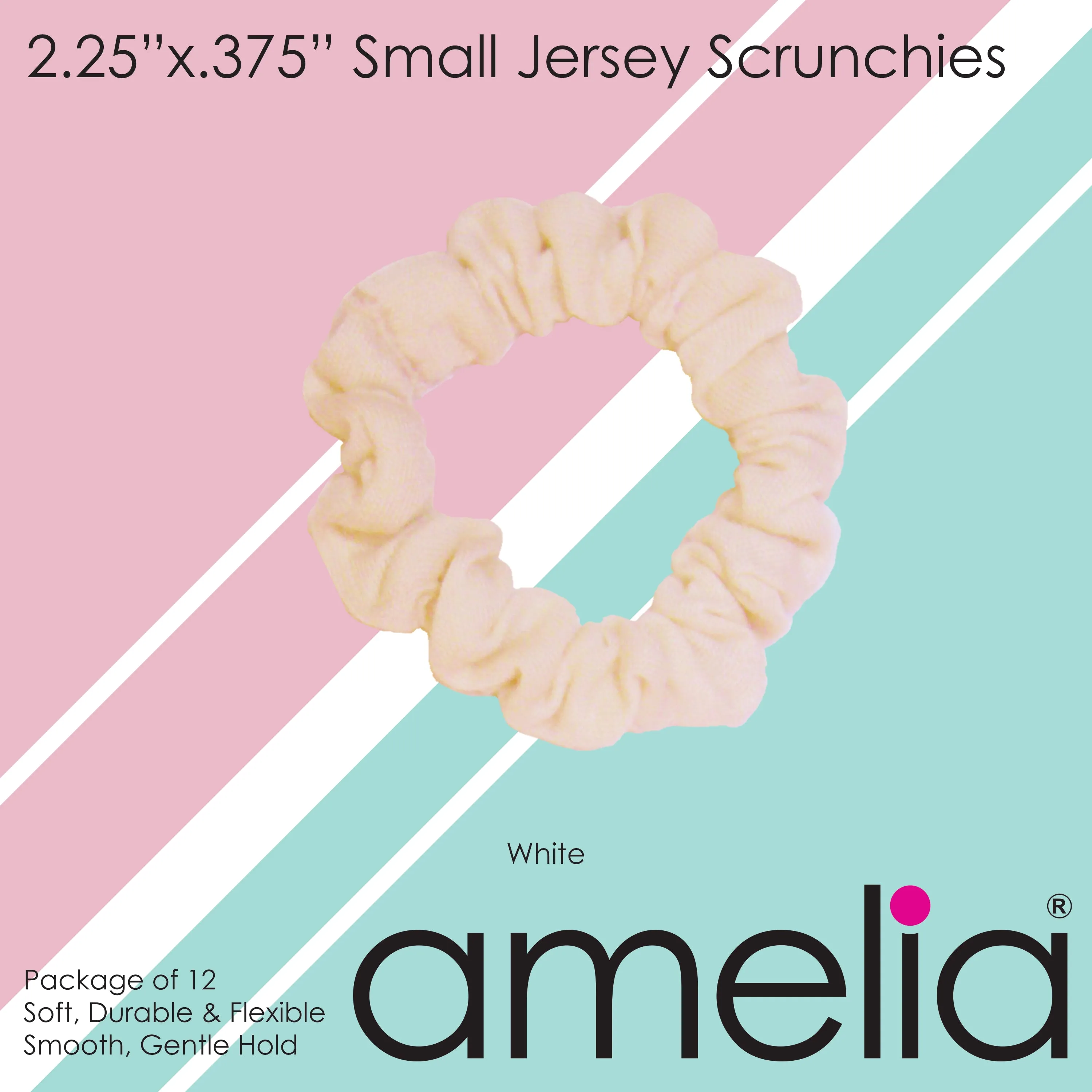 Amelia Beauty, White Jersey Scrunchies, 2.25in Diameter, Gentle on Hair, Strong Hold, No Snag, No Dents or Creases. 12 Pack