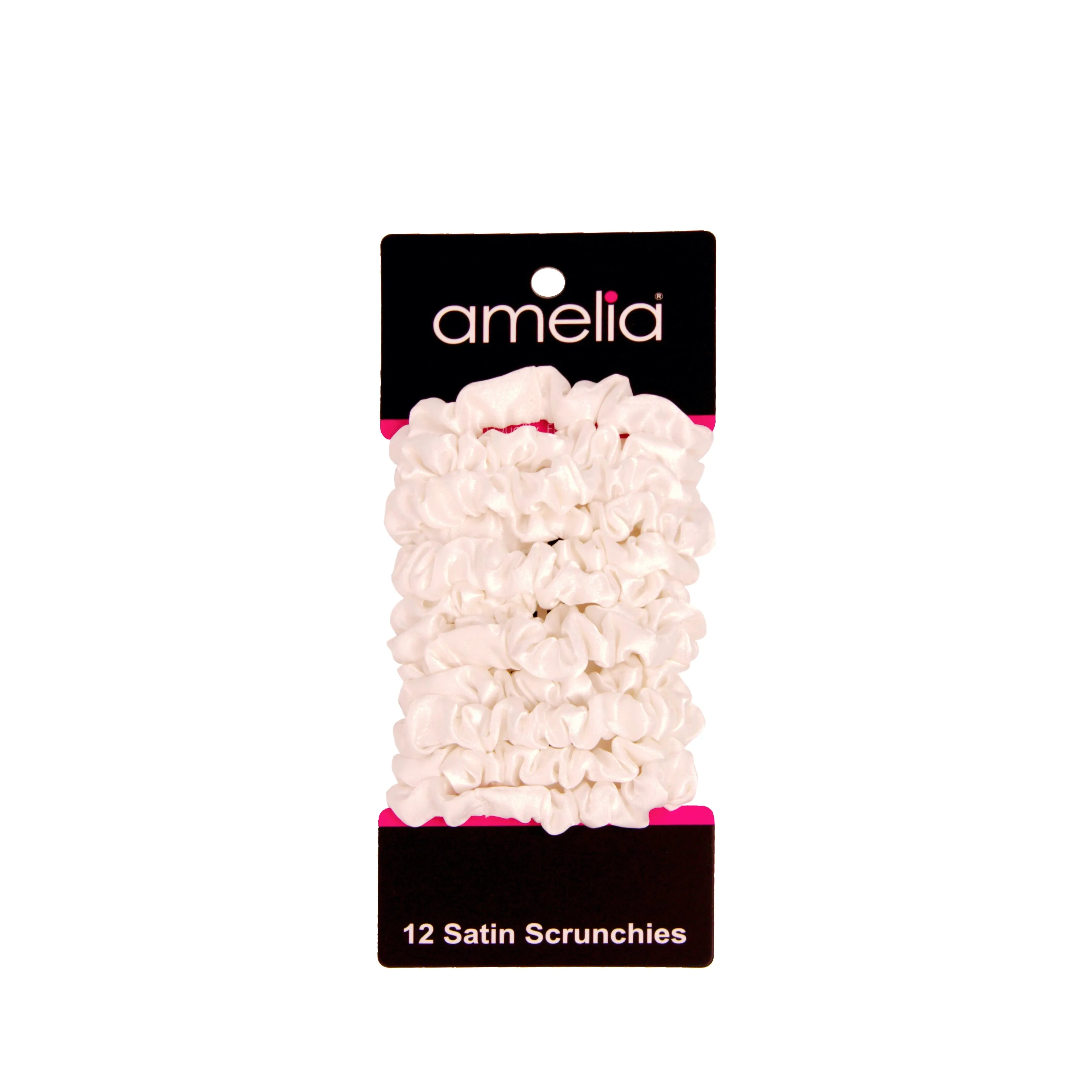 Amelia Beauty, White Satin Scrunchies, 2.25in Diameter, Gentle on Hair, Strong Hold, No Snag, No Dents or Creases. 12 Pack